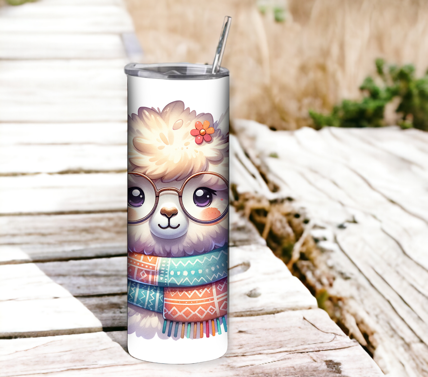 Alpaca 20 oz Skinny Tumbler with Straw - Stainless Steel, Eco-Friendly, Reusable Metal Straw - Lid Drink Drinkware Water Bottles