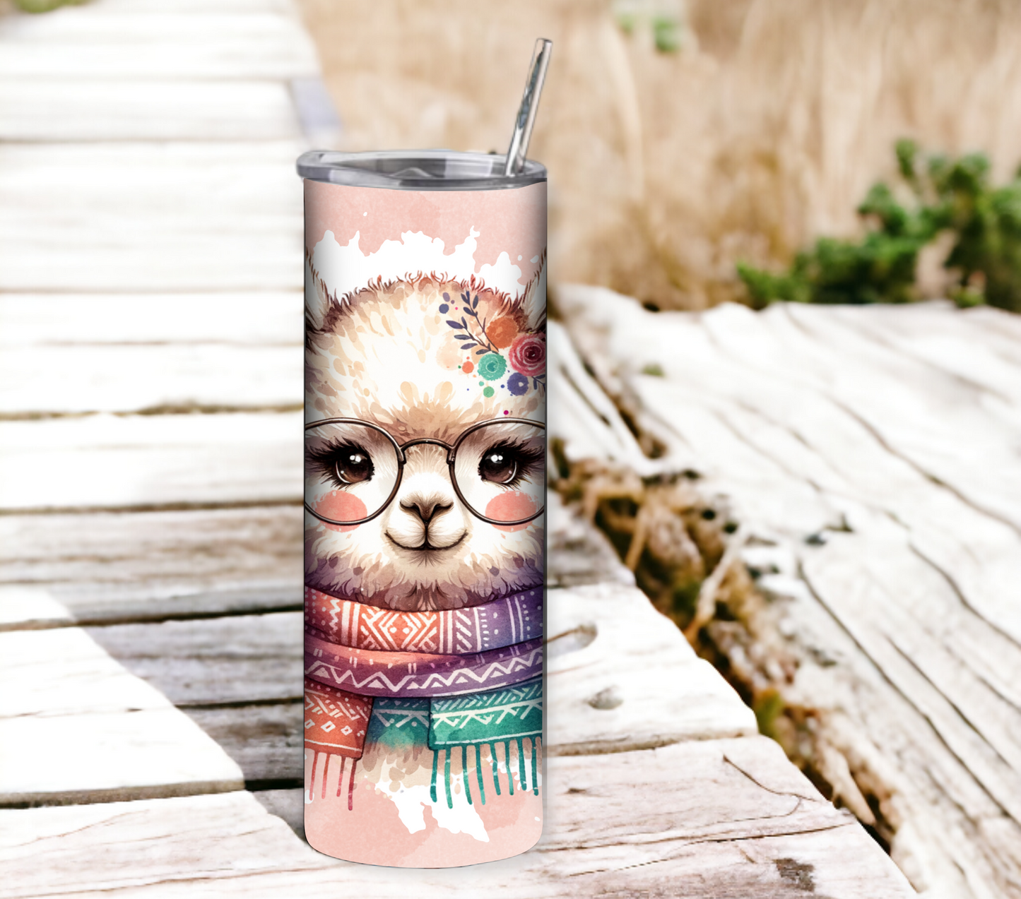 Alpaca 20 oz Skinny Tumbler with Straw - Stainless Steel, Eco-Friendly, Reusable Metal Straw - Lid Drink Drinkware Water Bottles