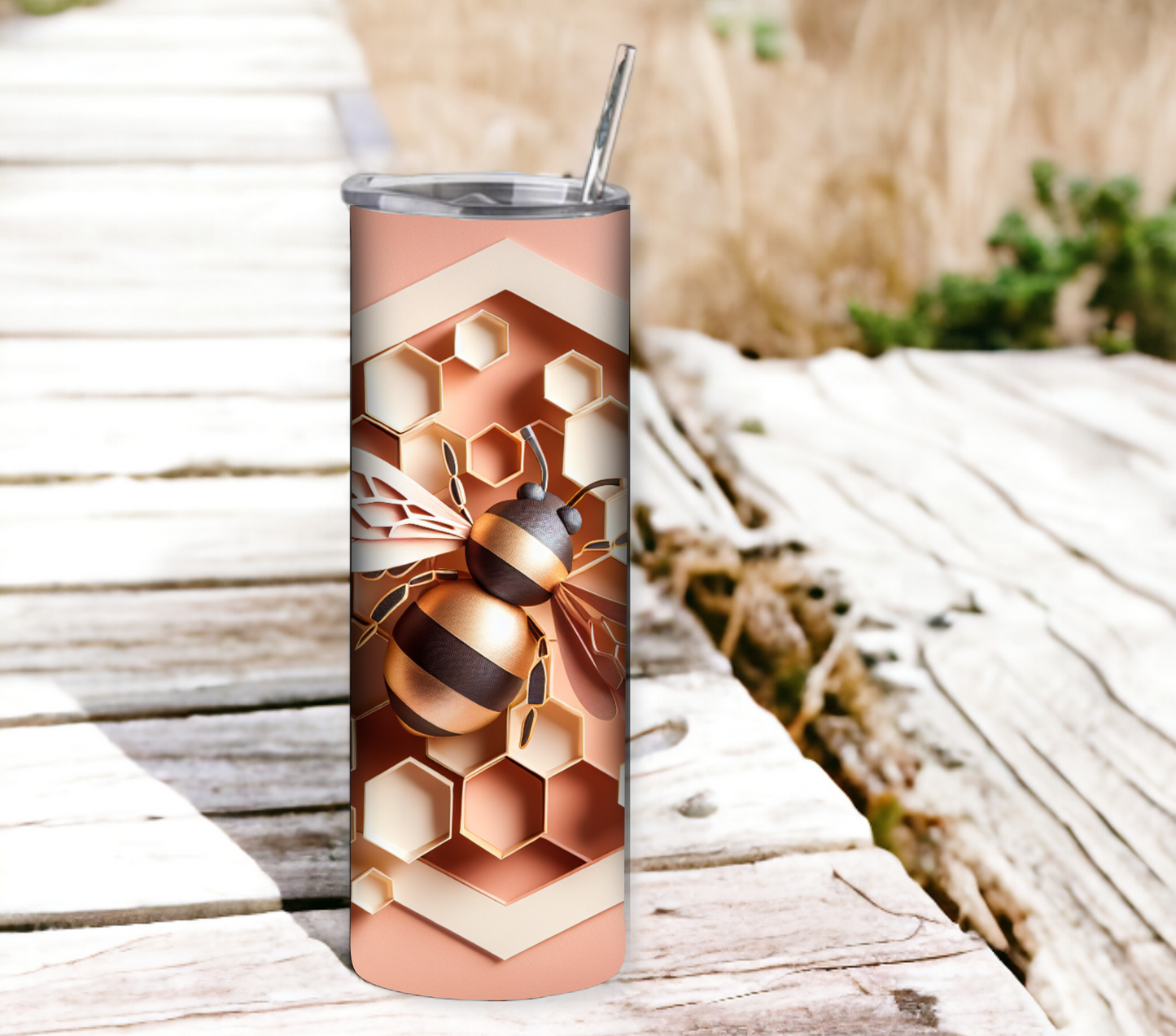 3D Bee with Honeycomb - PINK 20 oz Skinny Tumbler with Straw - Stainless Steel, Eco-Friendly, Reusable Metal Straw - Lid Drink Drinkware Water Bottles