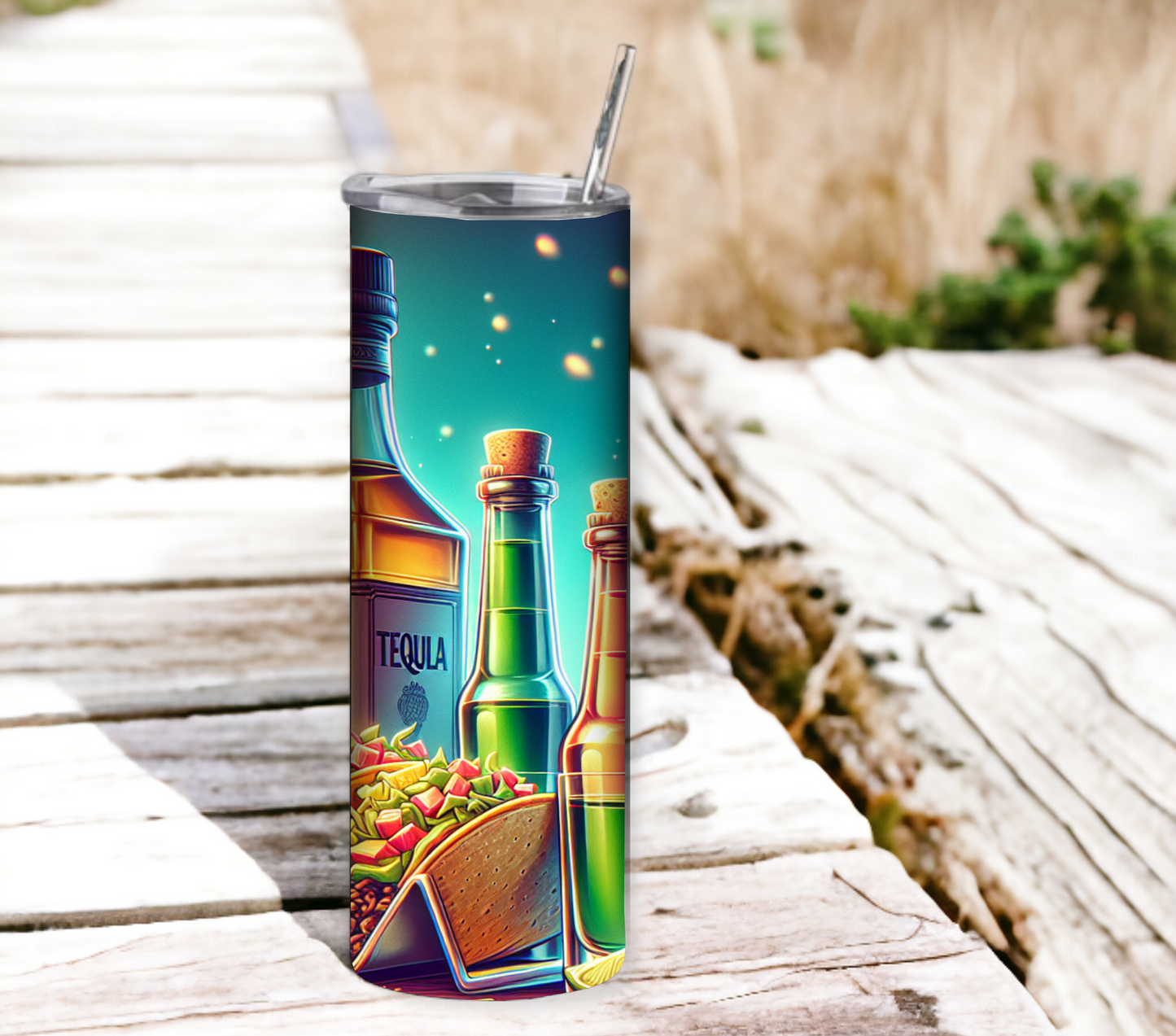 Tacos & Tequila 20 oz Skinny Tumbler with Straw - Stainless Steel, Eco-Friendly, Reusable Metal Straw - Lid Drink Drinkware Water Bottles