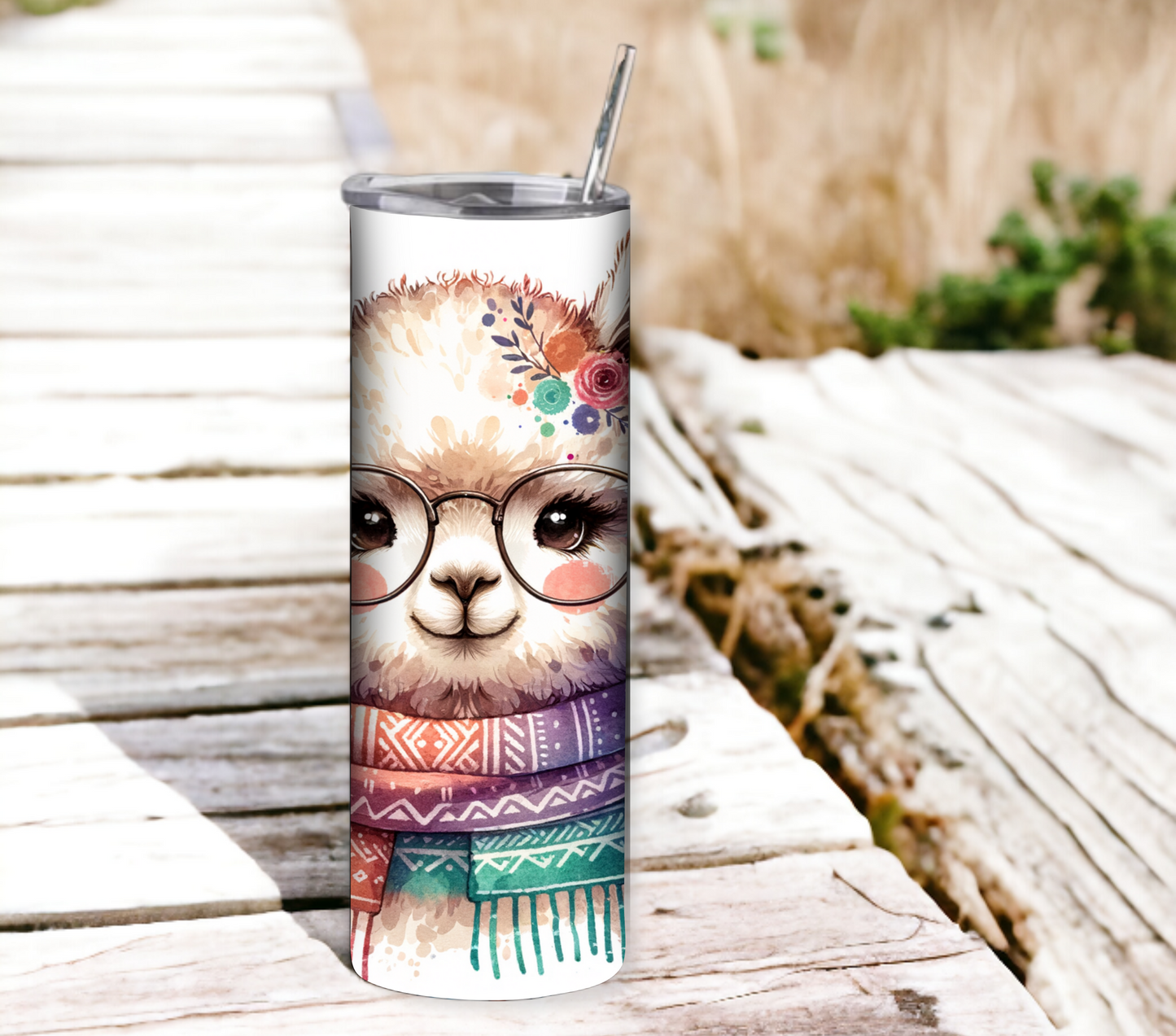 Alpaca 20 oz Skinny Tumbler with Straw - Stainless Steel, Eco-Friendly, Reusable Metal Straw - Lid Drink Drinkware Water Bottles