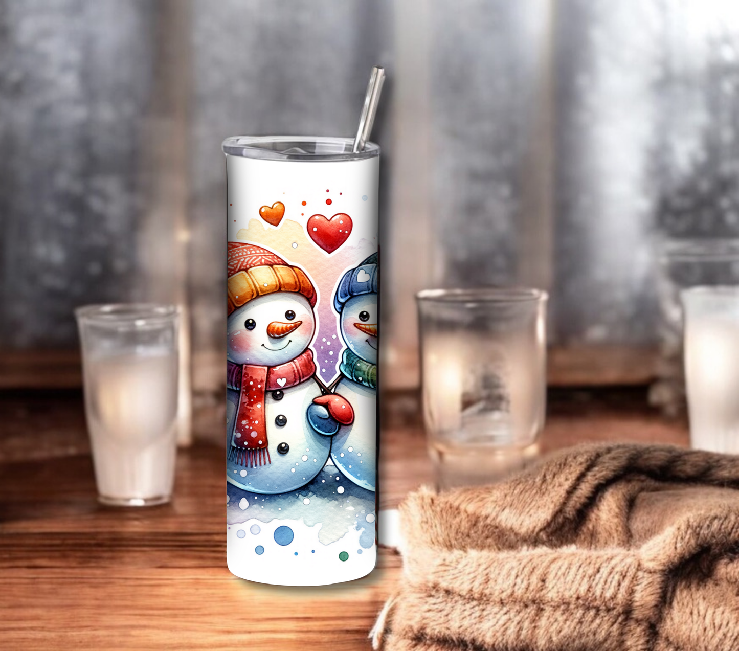 Snowman - Valentines Day - 20 oz Skinny Tumbler with Straw - Stainless Steel, Eco-Friendly, Reusable Metal Straw - Lid Drink Drinkware Water Bottles