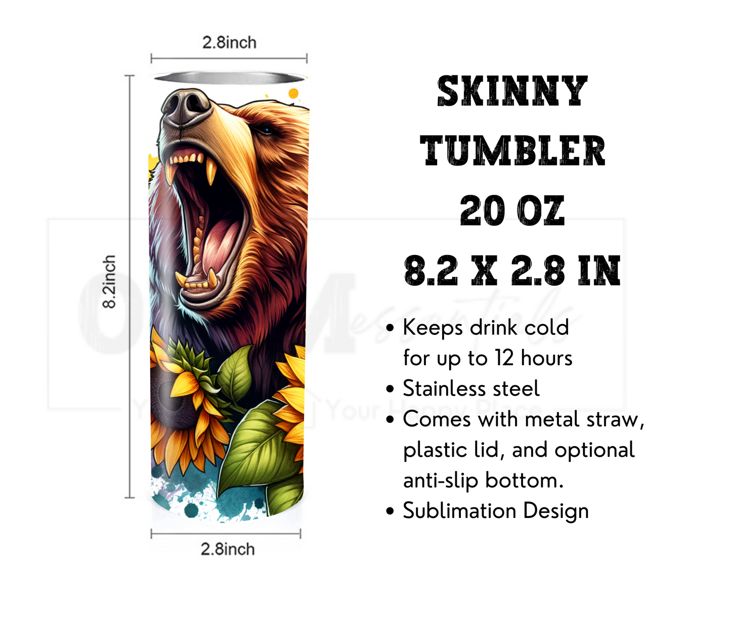 Bear with Sunflowers 20 oz Skinny Tumbler with Straw - Stainless Steel, Eco-Friendly, Reusable Metal Straw - Lid Drink Drinkware Water Bottles