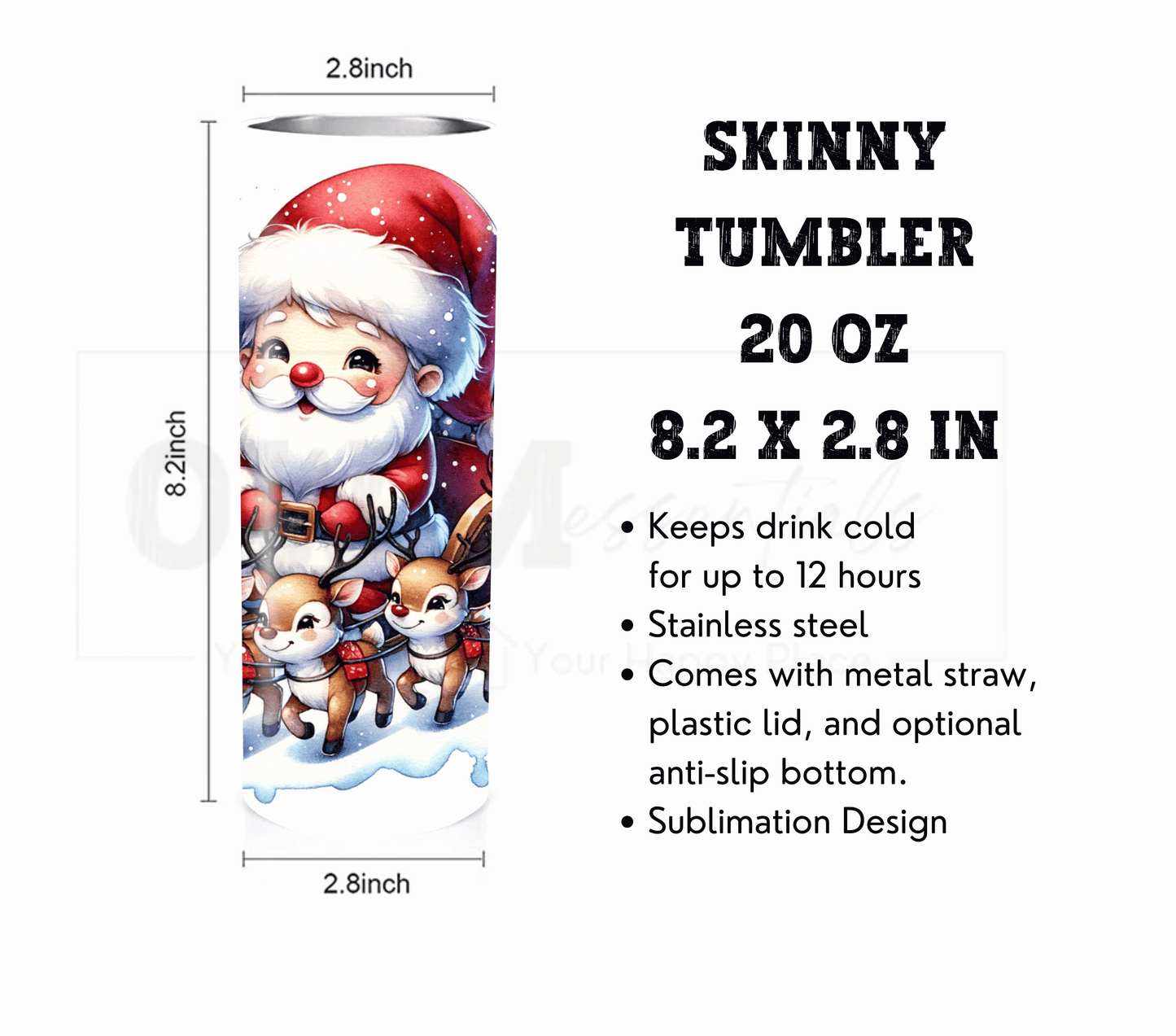 Santa with Sleigh - Christmas 20 oz Skinny Tumbler with Straw - Stainless Steel, Eco-Friendly, Reusable Metal Straw - Lid Drink Drinkware Water Bottles