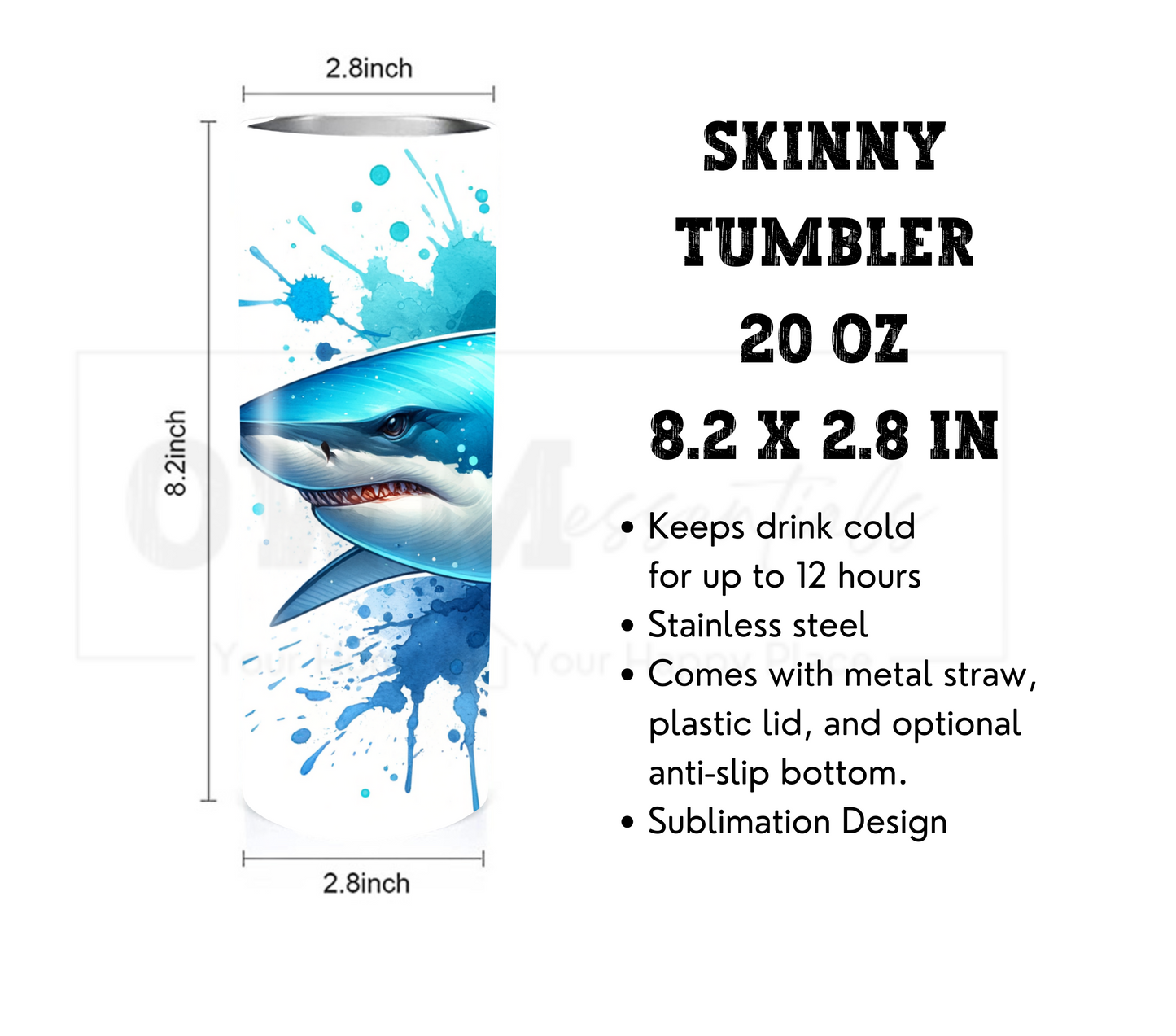Shark 20 oz Skinny Tumbler with Straw - Stainless Steel, Eco-Friendly, Reusable Metal Straw - Lid Drink Drinkware Water Bottles