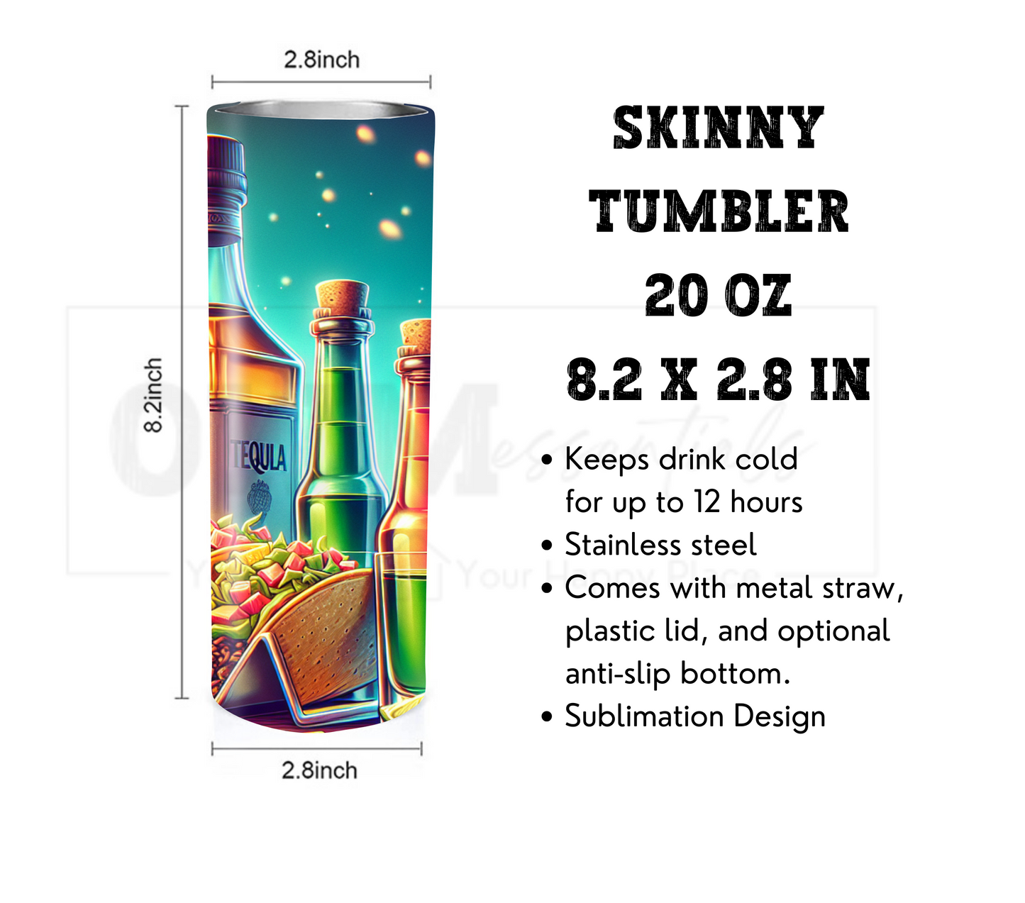 Tacos & Tequila 20 oz Skinny Tumbler with Straw - Stainless Steel, Eco-Friendly, Reusable Metal Straw - Lid Drink Drinkware Water Bottles