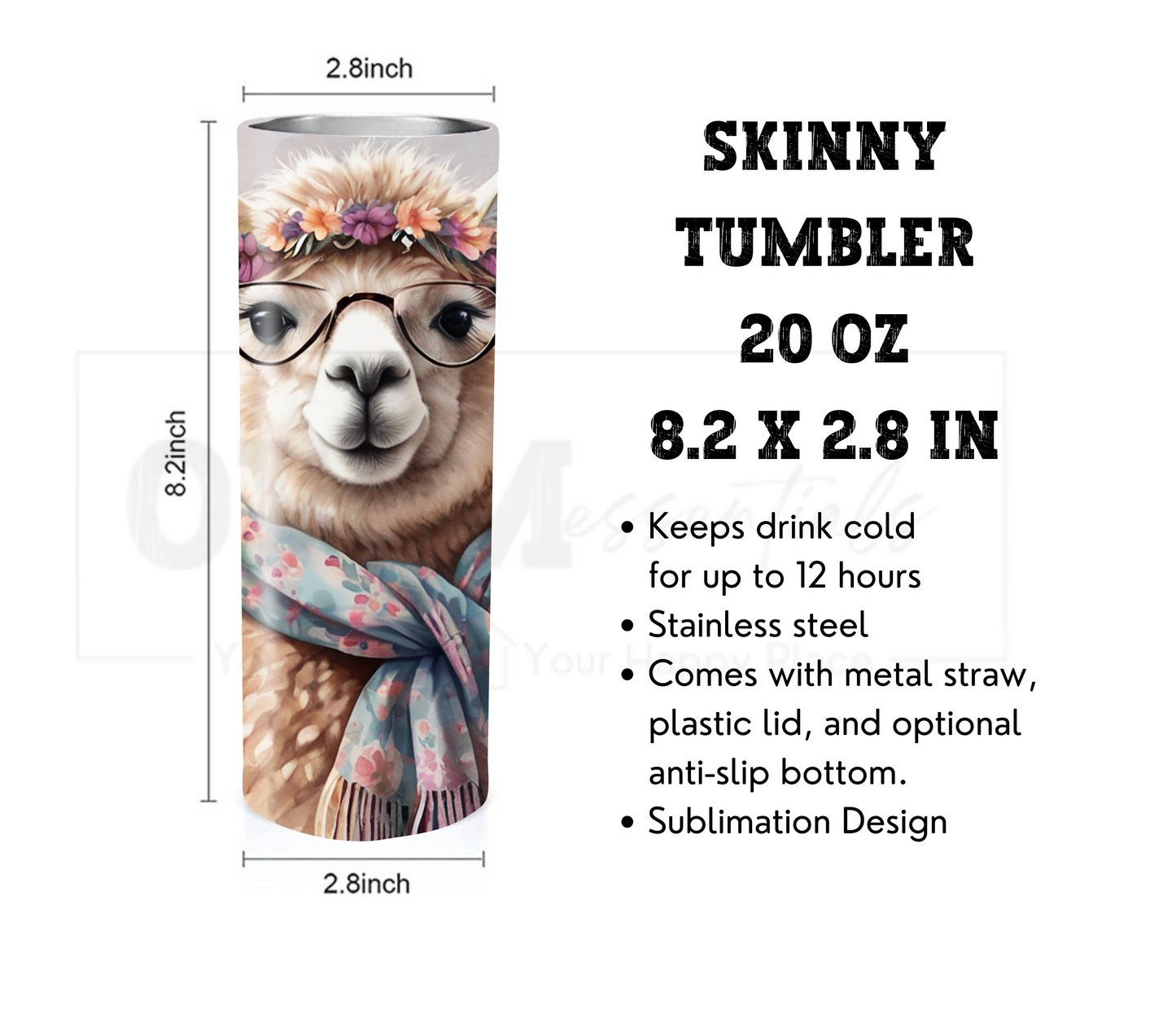 Alpaca 20 oz Skinny Tumbler with Straw - Stainless Steel, Eco-Friendly, Reusable Metal Straw - Lid Drink Drinkware Water Bottles