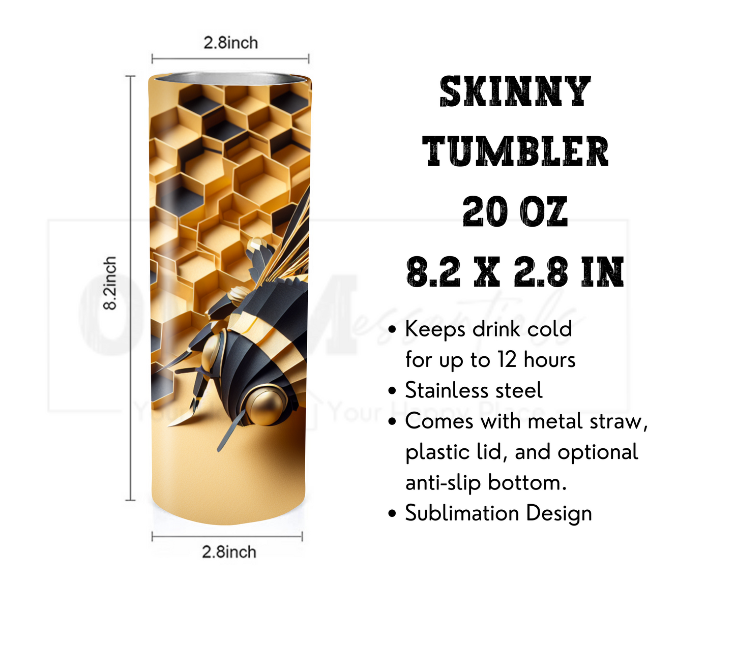 3D Bee with Honeycomb 20 oz Skinny Tumbler with Straw - Stainless Steel, Eco-Friendly, Reusable Metal Straw - Lid Drink Drinkware Water Bottles