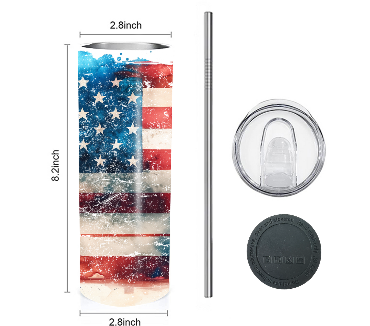 American Flag 20 oz Skinny Tumbler with Straw - Stainless Steel, Eco-Friendly, Reusable Metal Straw - Lid Drink Drinkware Water Bottles
