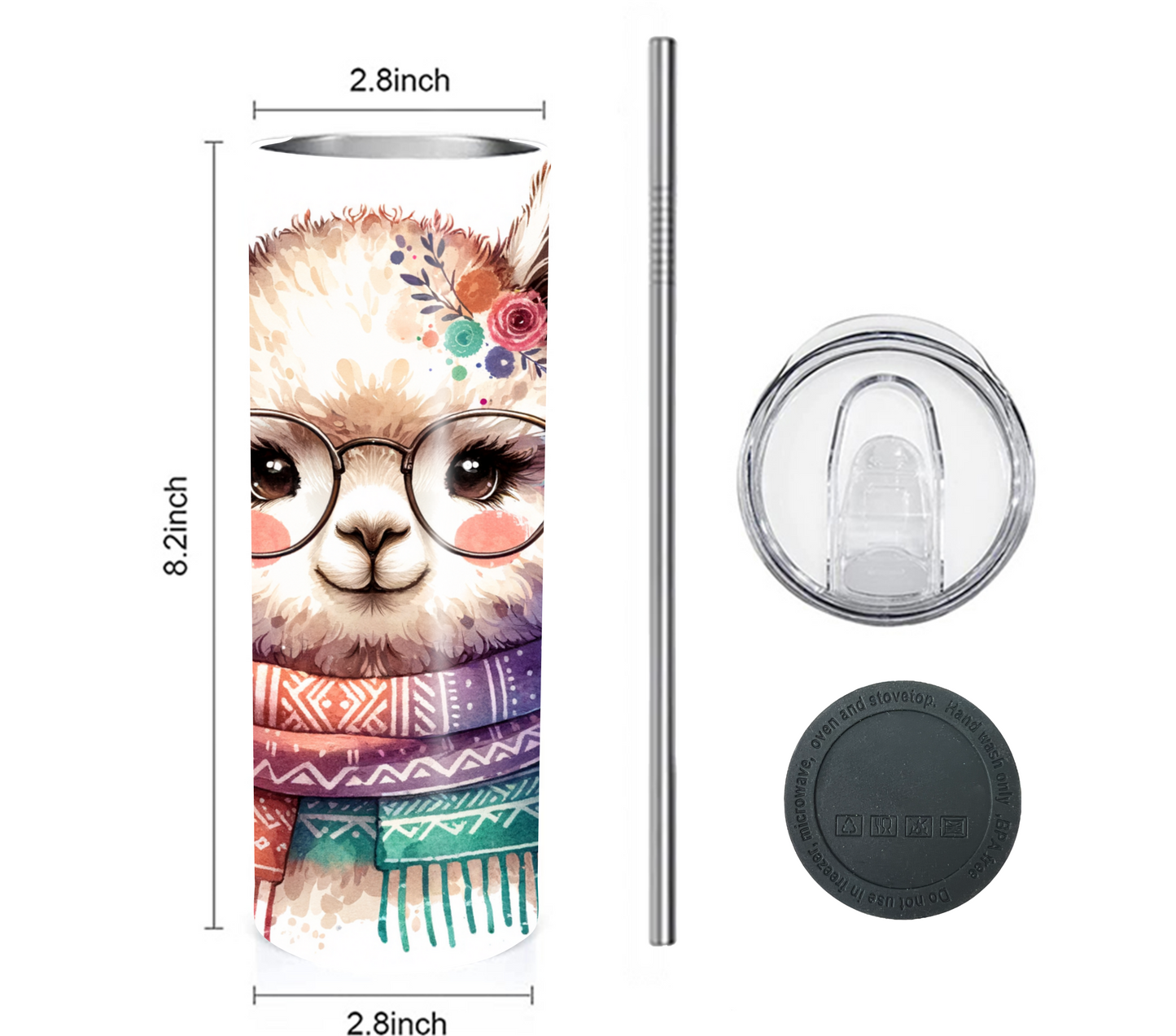 Alpaca 20 oz Skinny Tumbler with Straw - Stainless Steel, Eco-Friendly, Reusable Metal Straw - Lid Drink Drinkware Water Bottles