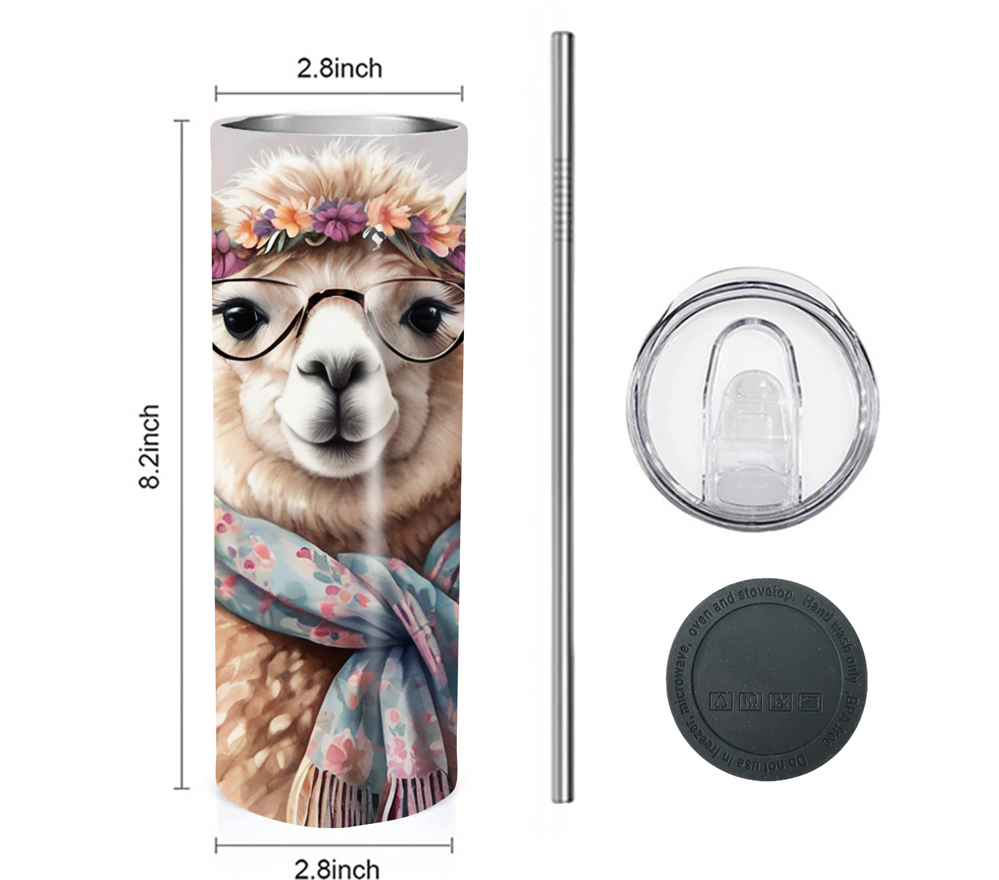 Alpaca 20 oz Skinny Tumbler with Straw - Stainless Steel, Eco-Friendly, Reusable Metal Straw - Lid Drink Drinkware Water Bottles