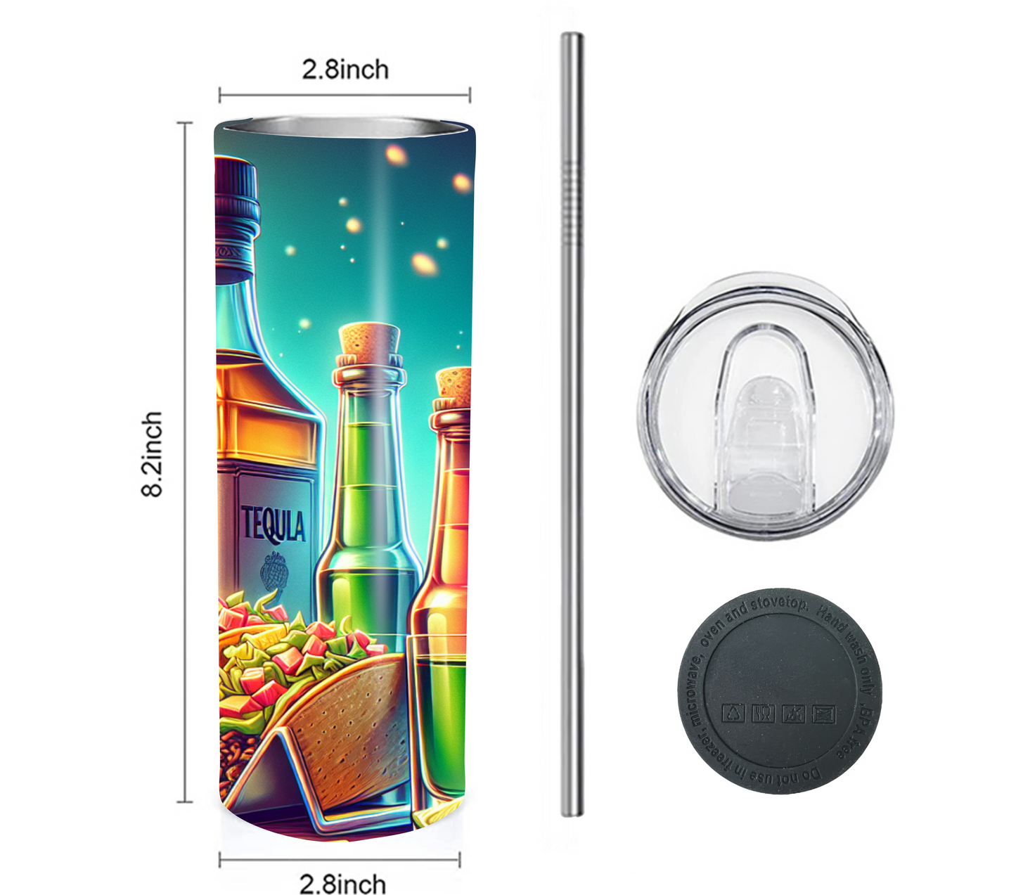 Tacos & Tequila 20 oz Skinny Tumbler with Straw - Stainless Steel, Eco-Friendly, Reusable Metal Straw - Lid Drink Drinkware Water Bottles
