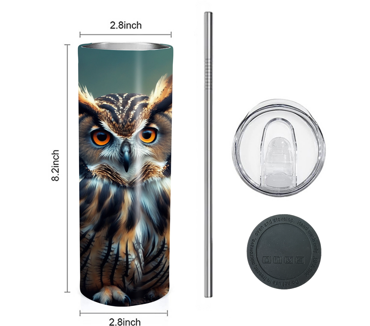 Owl 20 oz Skinny Tumbler with Straw - Stainless Steel, Eco-Friendly, Reusable Metal Straw - Lid Drink Drinkware Water Bottles