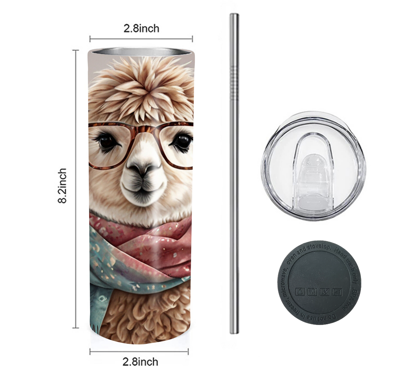 Alpaca 20 oz Skinny Tumbler with Straw - Stainless Steel, Eco-Friendly, Reusable Metal Straw - Lid Drink Drinkware Water Bottles