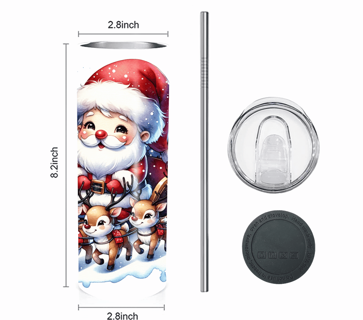 Santa with Sleigh - Christmas 20 oz Skinny Tumbler with Straw - Stainless Steel, Eco-Friendly, Reusable Metal Straw - Lid Drink Drinkware Water Bottles