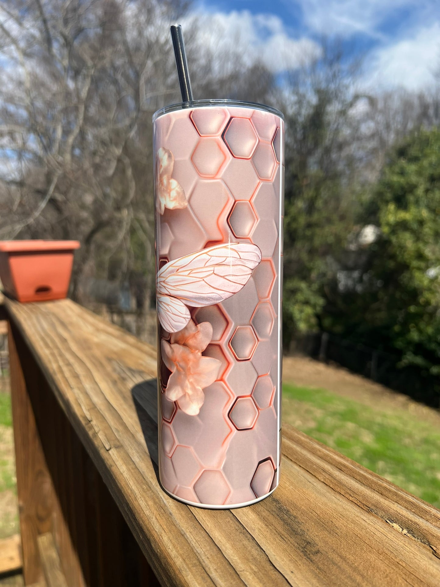 3D Bee with Honeycomb - Rose Gold 20 oz Skinny Tumbler with Straw - Stainless Steel, Eco-Friendly, Reusable Metal Straw - Lid Drink Drinkware Water Bottles