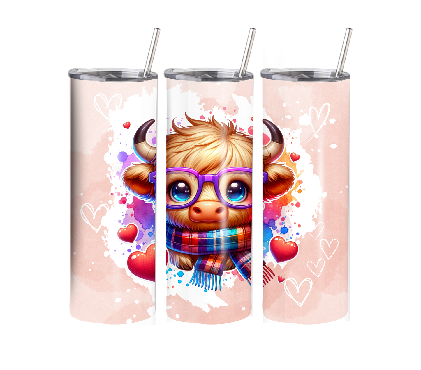 Cute Highland Cow - Valentines Day - 20 oz Skinny Tumbler with Straw - Stainless Steel, Eco-Friendly, Reusable Metal Straw - Lid Drink Drinkware Water Bottles