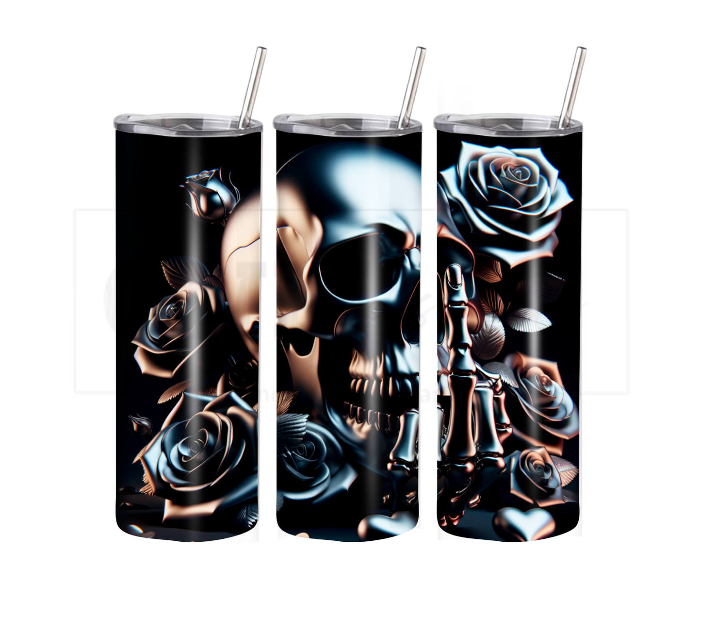 Funny Middle Finger Skull 20 oz Skinny Tumbler with Straw - Stainless Steel, Eco-Friendly, Reusable Metal Straw - Lid Drink Drinkware Water Bottles