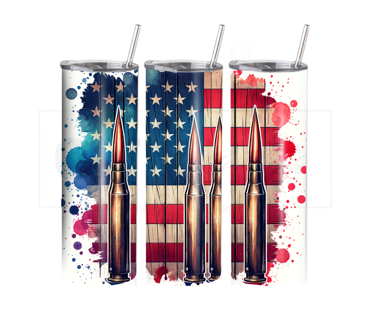 American Flag & Ammo 20 oz Skinny Tumbler with Straw - Stainless Steel, Eco-Friendly, Reusable Metal Straw - Lid Drink Drinkware Water Bottles