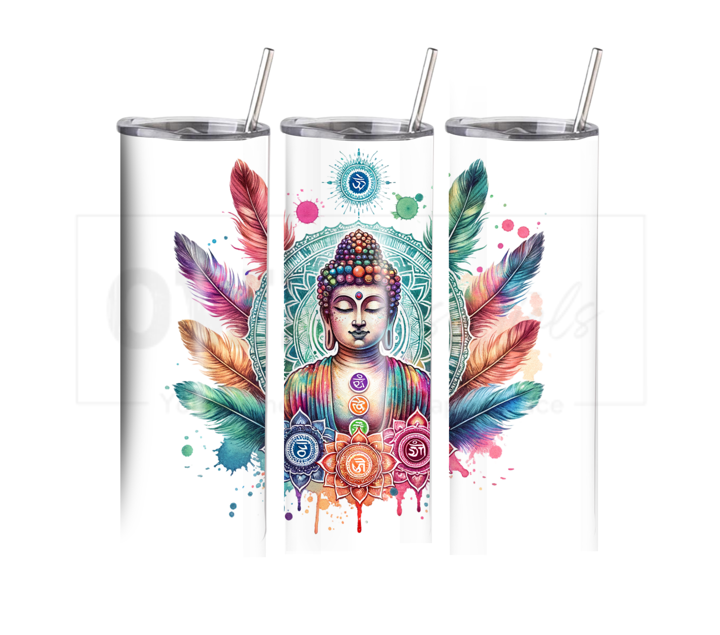 Buddha with Chakras and Feathers 20 oz Skinny Tumbler with Straw - Stainless Steel, Eco-Friendly, Reusable Metal Straw - Lid Drink Drinkware Water Bottles