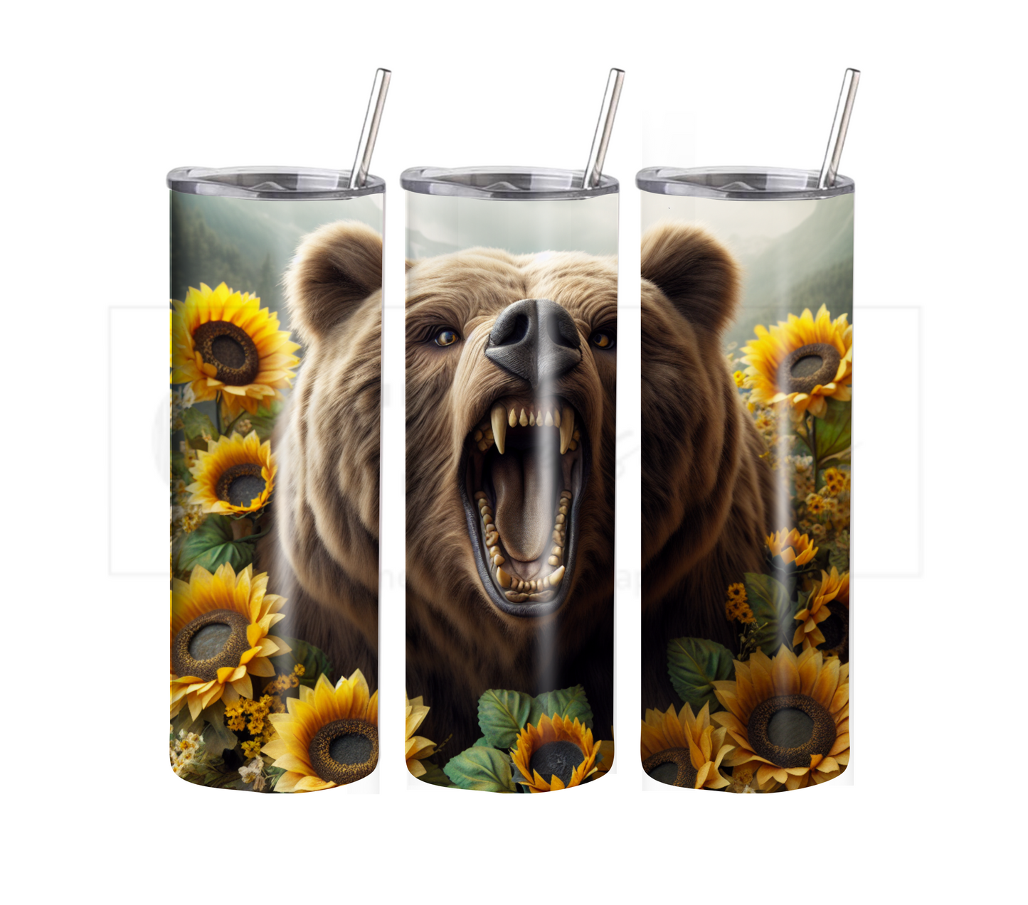 Bear with Sunflowers 20 oz Skinny Tumbler with Straw - Stainless Steel, Eco-Friendly, Reusable Metal Straw - Lid Drink Drinkware Water Bottles