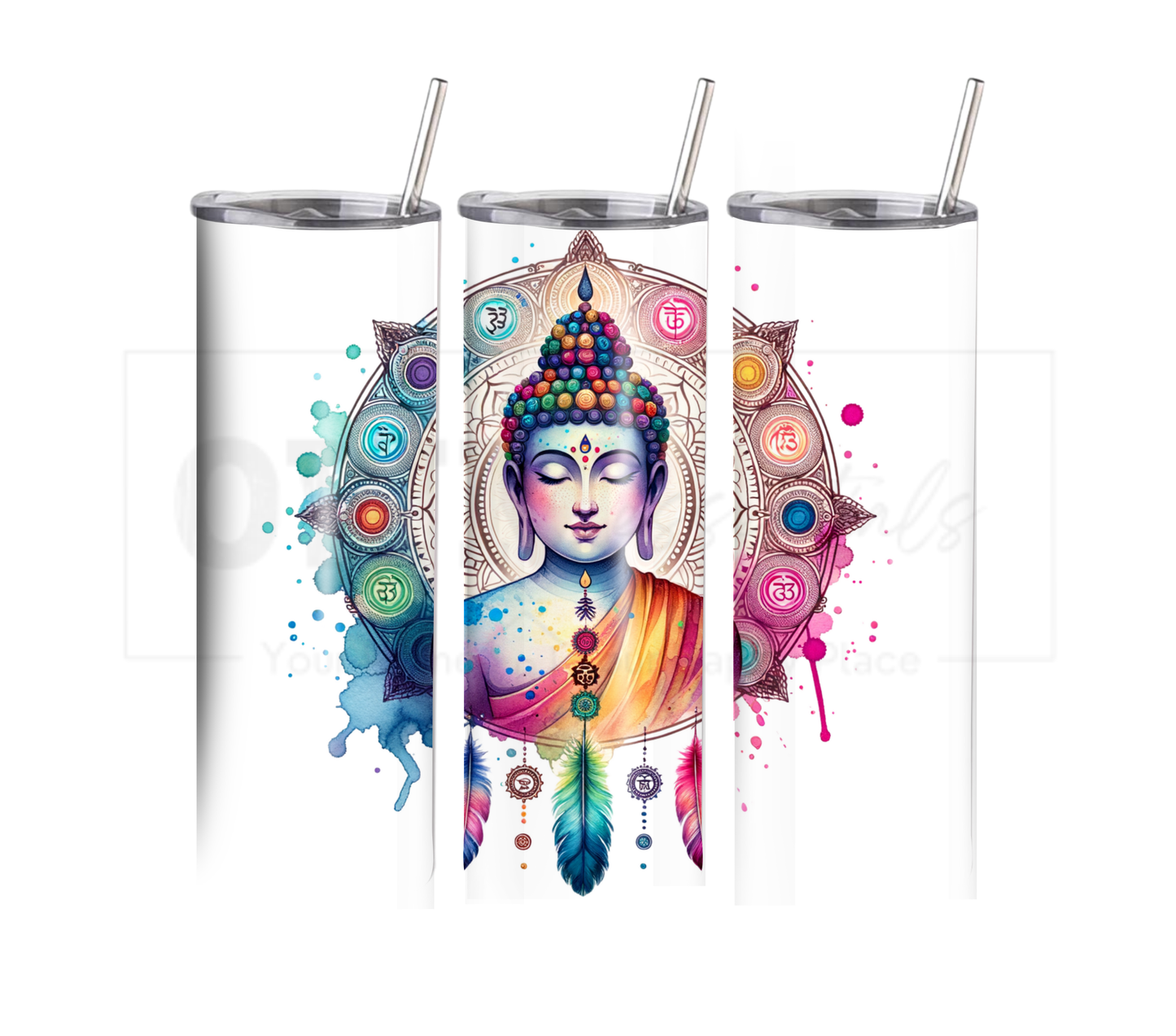 Buddha with Chakras 20 oz Skinny Tumbler with Straw - Stainless Steel, Eco-Friendly, Reusable Metal Straw - Lid Drink Drinkware Water Bottles
