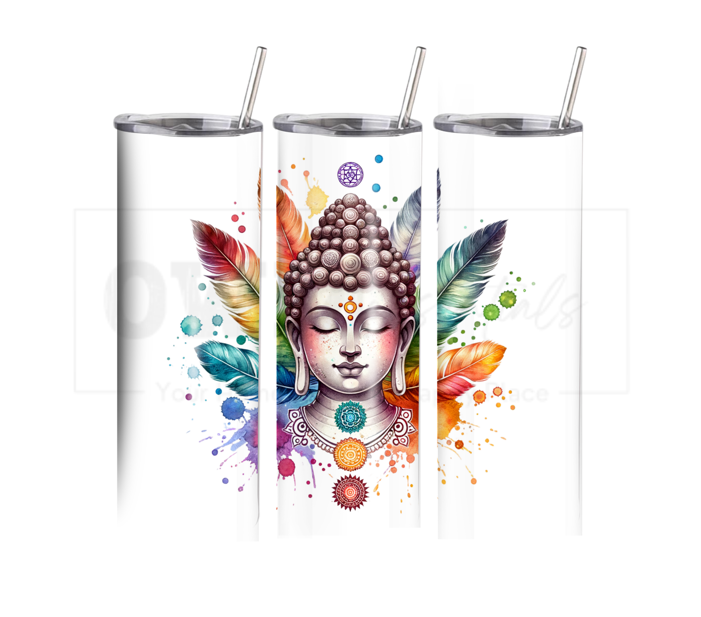 Buddha with Chakras and Feathers 20 oz Skinny Tumbler with Straw - Stainless Steel, Eco-Friendly, Reusable Metal Straw - Lid Drink Drinkware Water Bottles