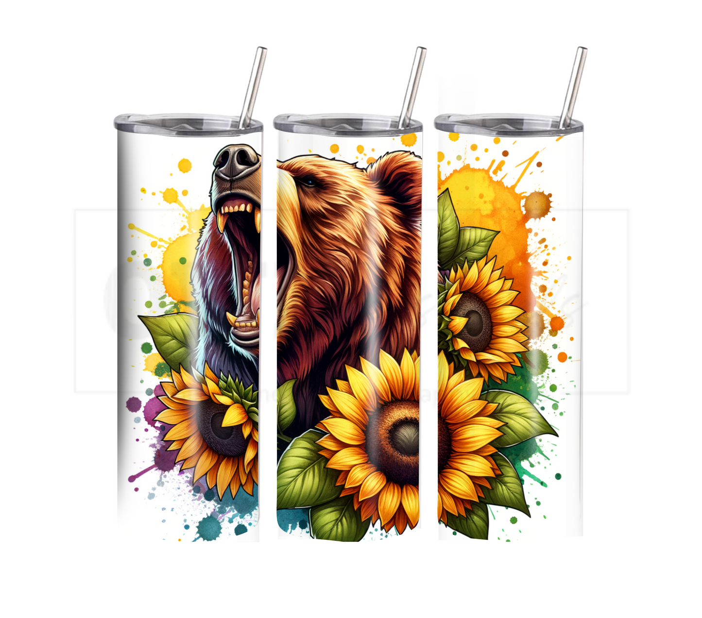 Bear with Sunflowers 20 oz Skinny Tumbler with Straw - Stainless Steel, Eco-Friendly, Reusable Metal Straw - Lid Drink Drinkware Water Bottles