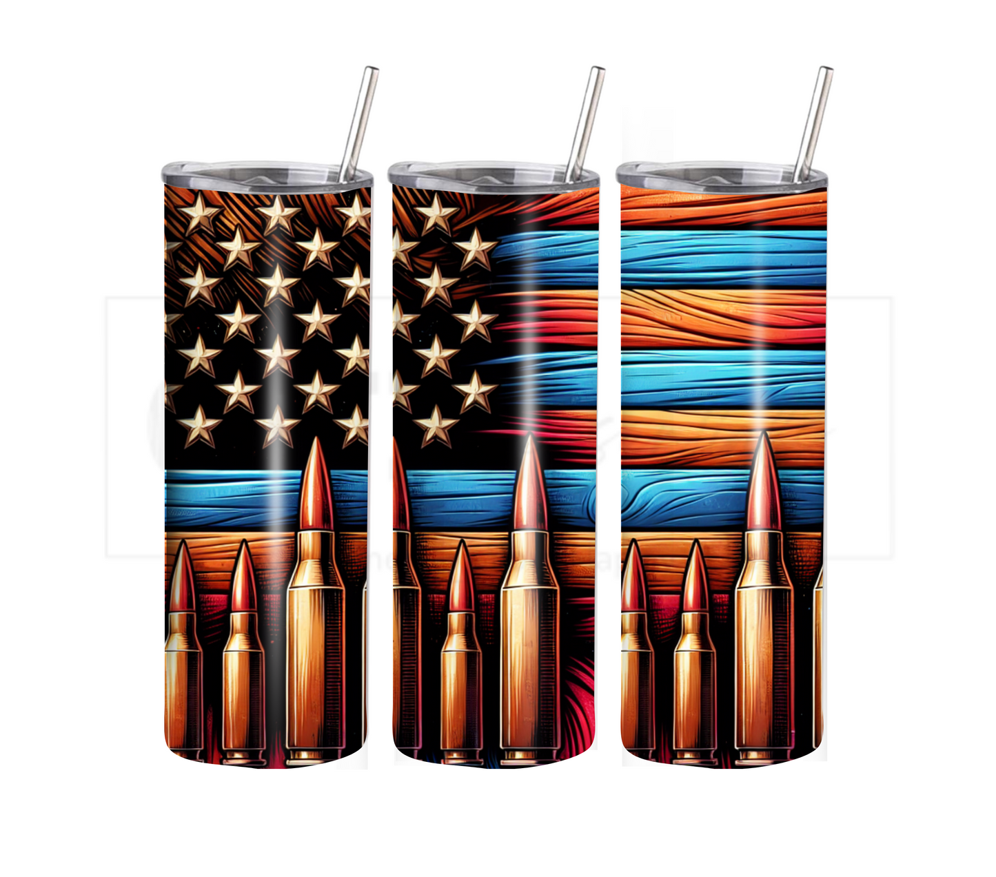 American Flag & Ammo 20 oz Skinny Tumbler with Straw - Stainless Steel, Eco-Friendly, Reusable Metal Straw - Lid Drink Drinkware Water Bottles