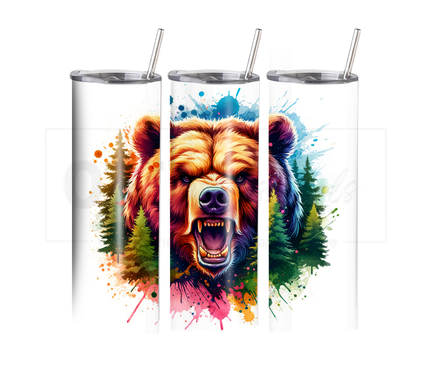 Bear in the Forest 20 oz Skinny Tumbler with Straw - Stainless Steel, Eco-Friendly, Reusable Metal Straw - Lid Drink Drinkware Water Bottles