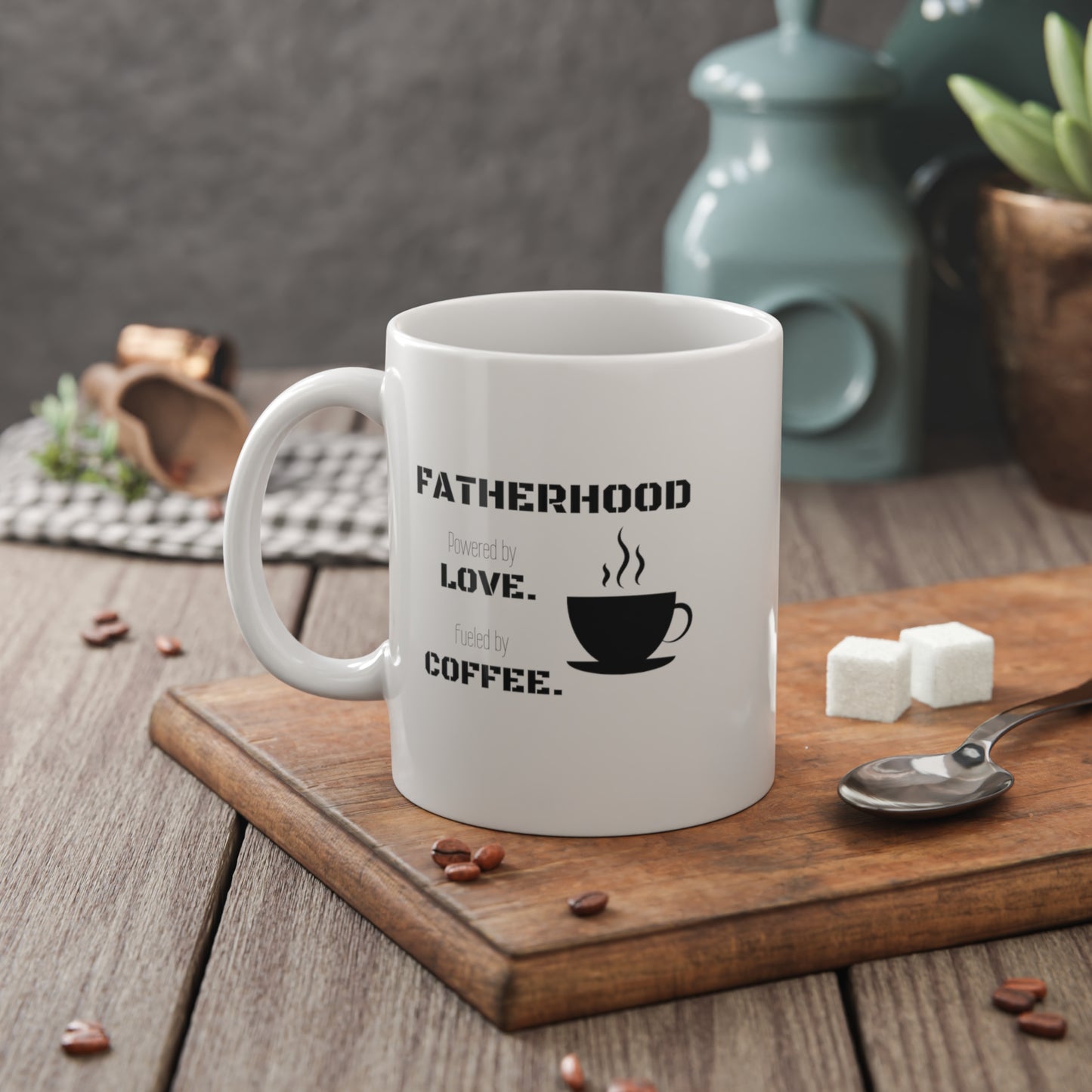 Fatherhood-Powered by Love Fueled by Coffee - Gun White Ceramic Mug, 11oz