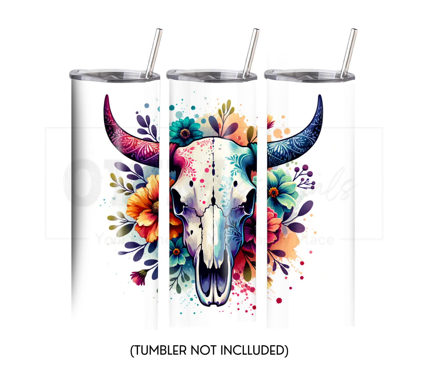 Boho Cow Skull 20 oz Skinny Tumbler Sublimation Design - PNG Instant - DIGITAL DOWNLOAD