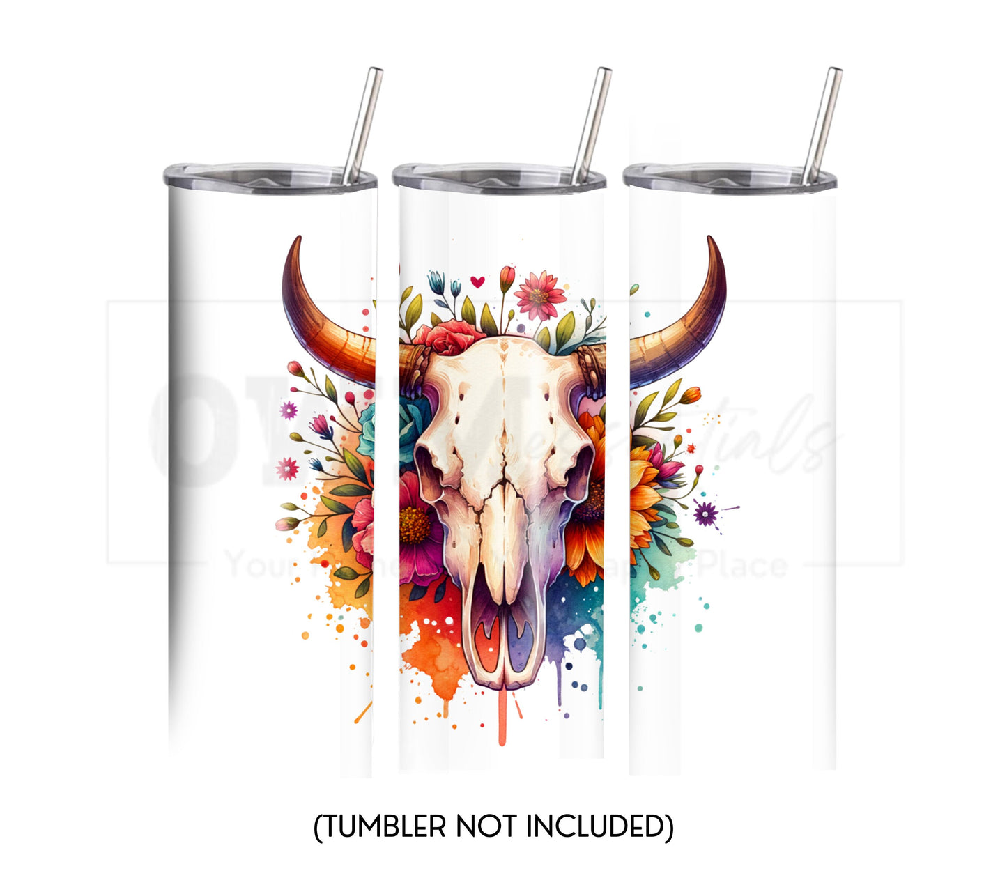 Boho Cow Skull 20 oz Skinny Tumbler Sublimation Design - PNG Instant - DIGITAL DOWNLOAD