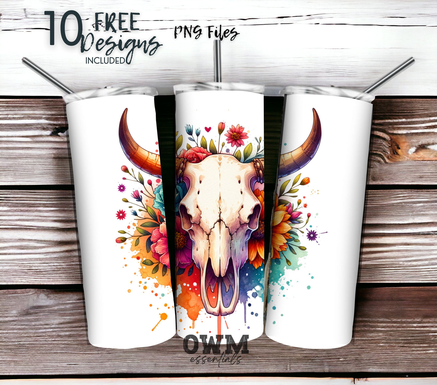 Boho Cow Skull 20 oz Skinny Tumbler Sublimation Design - PNG Instant - DIGITAL DOWNLOAD