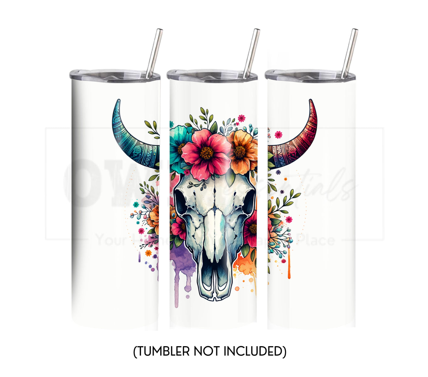 Boho Cow Skull 20 oz Skinny Tumbler Sublimation Design - PNG Instant - DIGITAL DOWNLOAD