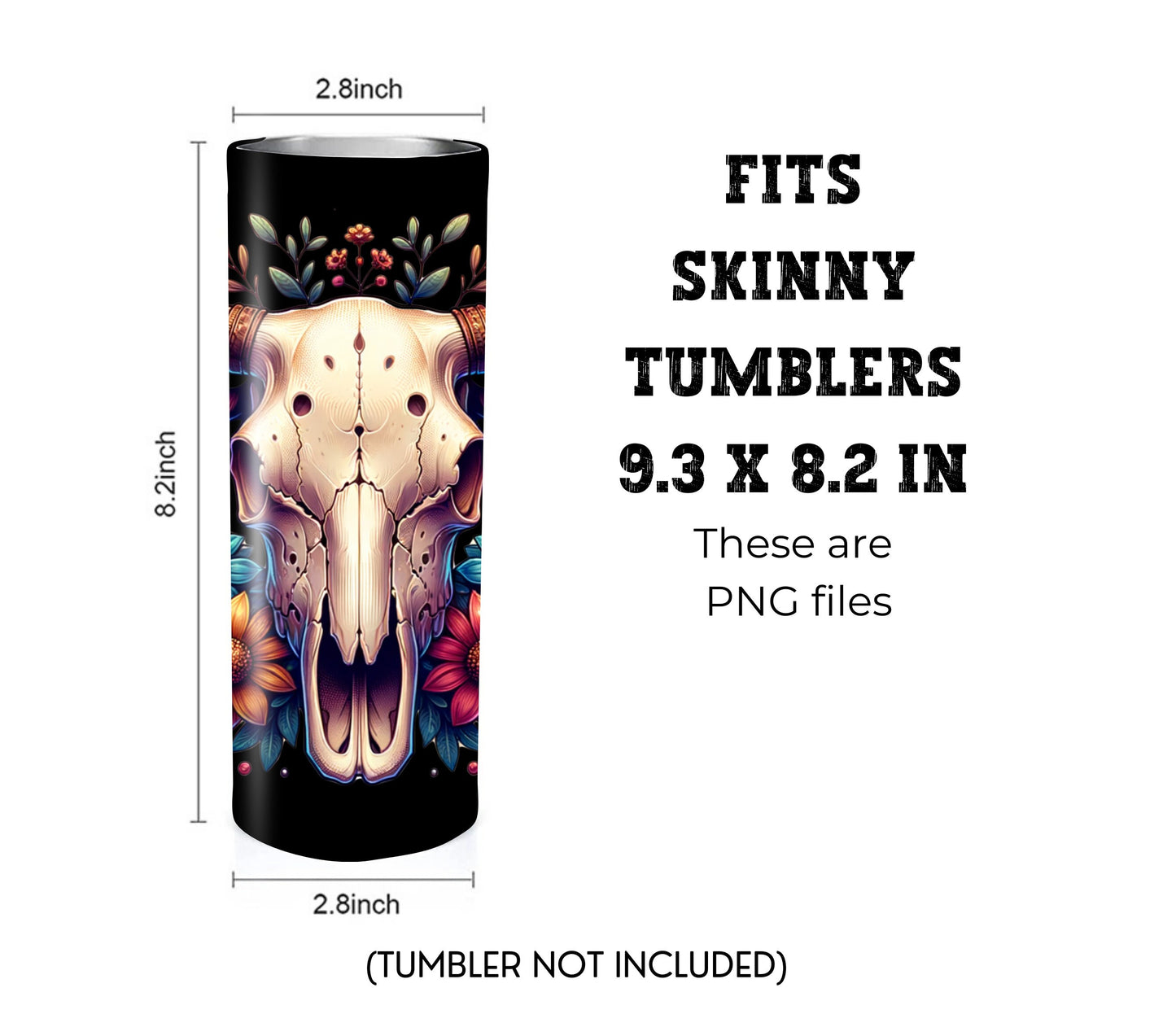 Boho Cow Skull 20 oz Skinny Tumbler Sublimation Design - PNG Instant - DIGITAL DOWNLOAD