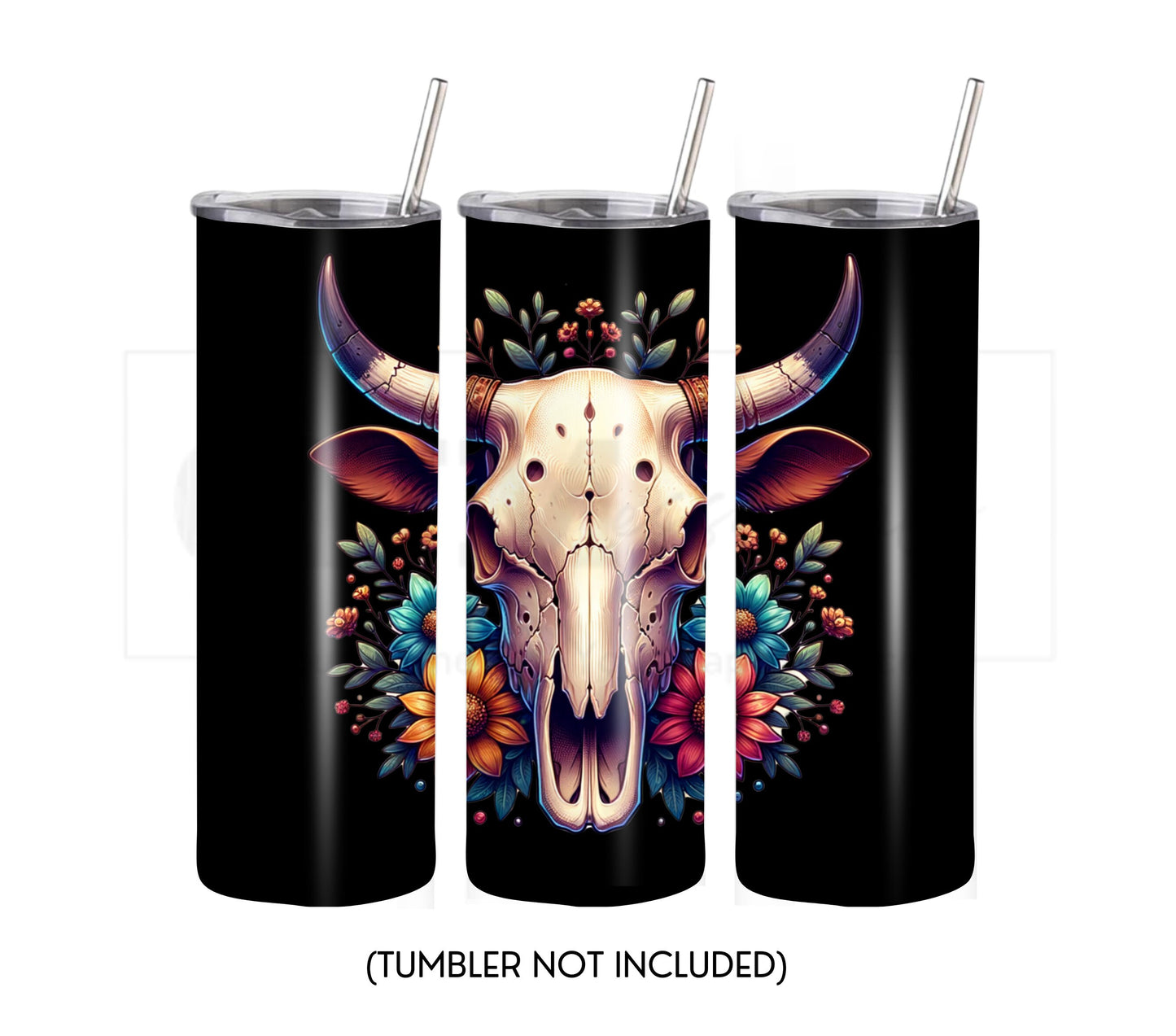 Boho Cow Skull 20 oz Skinny Tumbler Sublimation Design - PNG Instant - DIGITAL DOWNLOAD