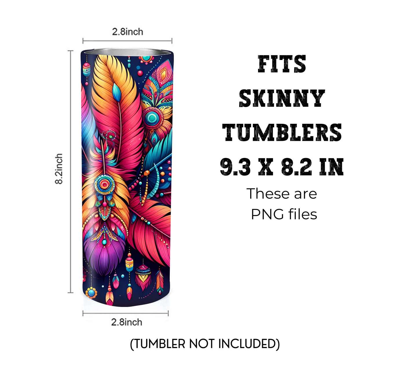 Boho Feathers 20 oz Skinny Tumbler Sublimation Design - PNG Instant - DIGITAL DOWNLOAD
