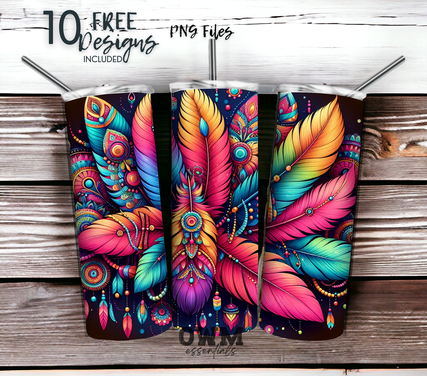Boho Feathers 20 oz Skinny Tumbler Sublimation Design - PNG Instant - DIGITAL DOWNLOAD