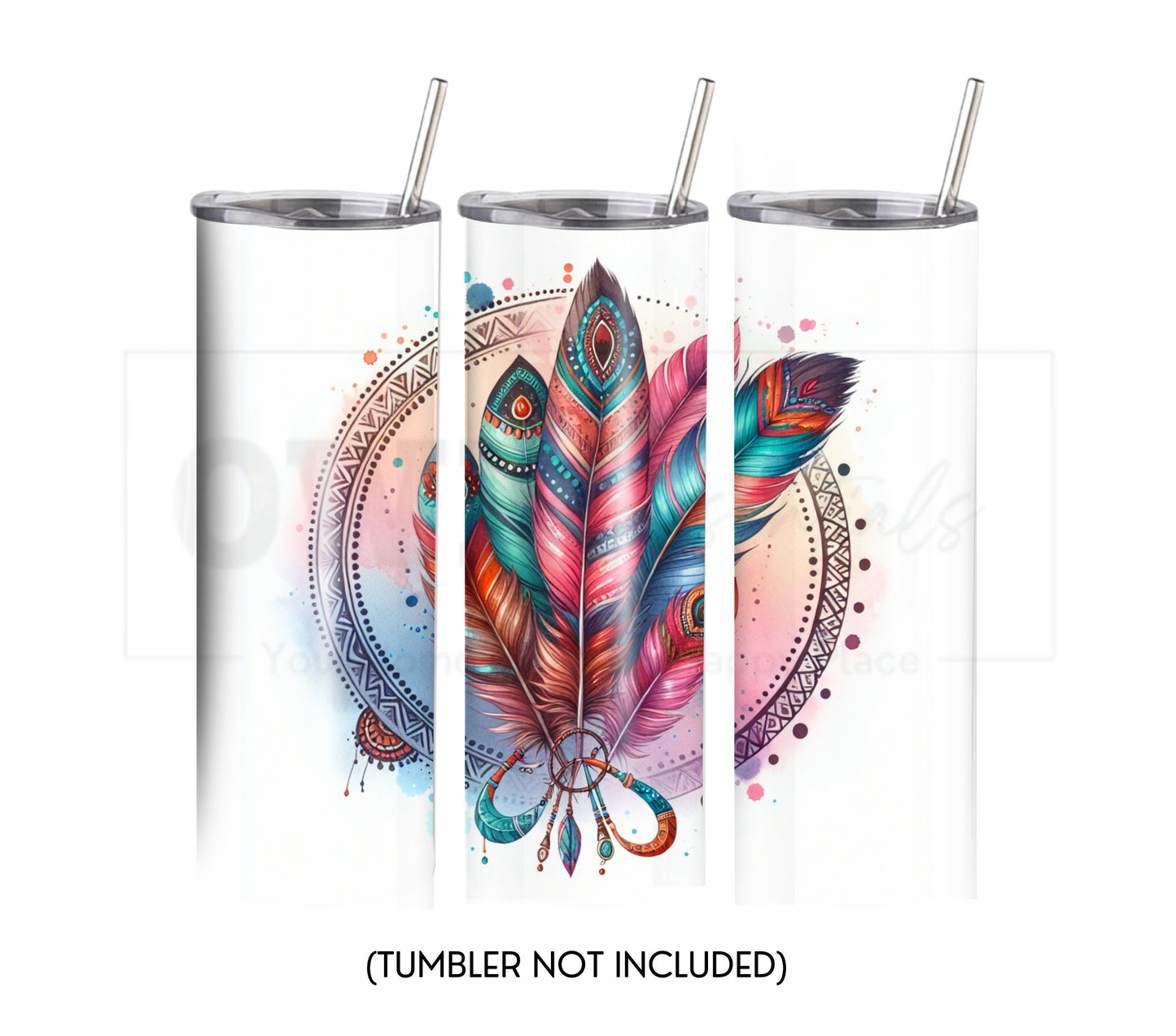 Boho Feathers 20 oz Skinny Tumbler Sublimation Design - PNG Instant - DIGITAL DOWNLOAD