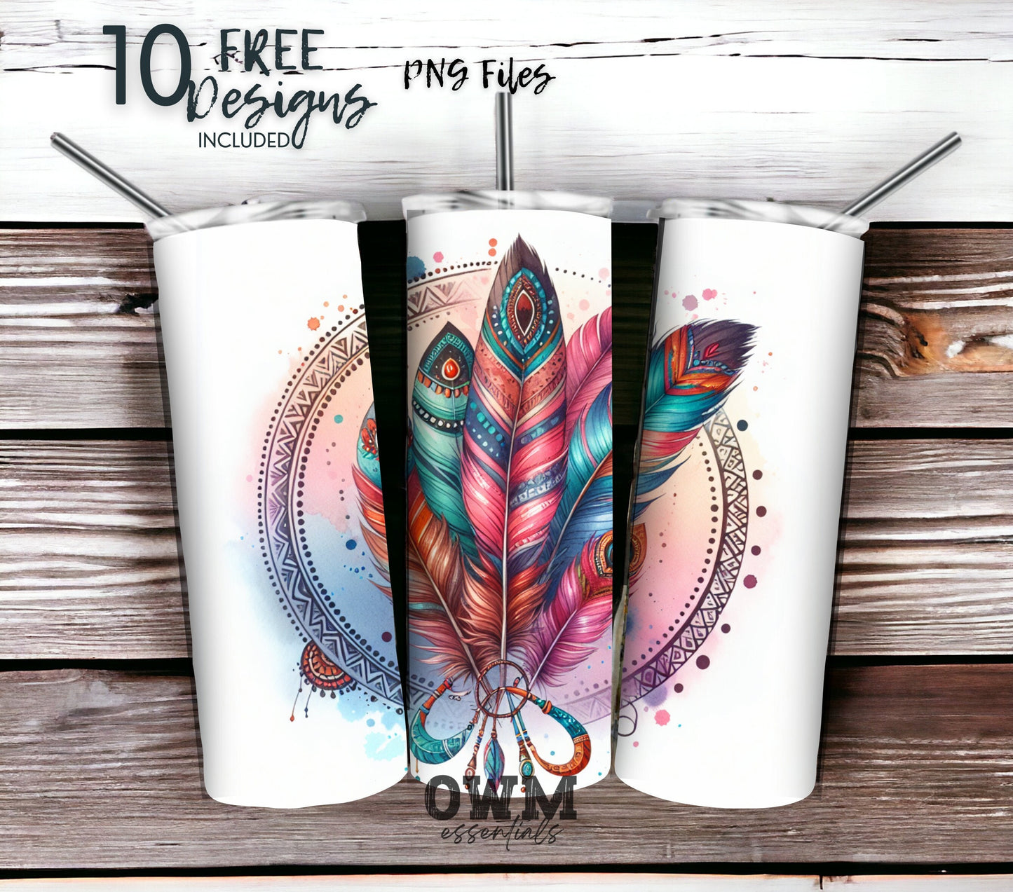 Boho Feathers 20 oz Skinny Tumbler Sublimation Design - PNG Instant - DIGITAL DOWNLOAD