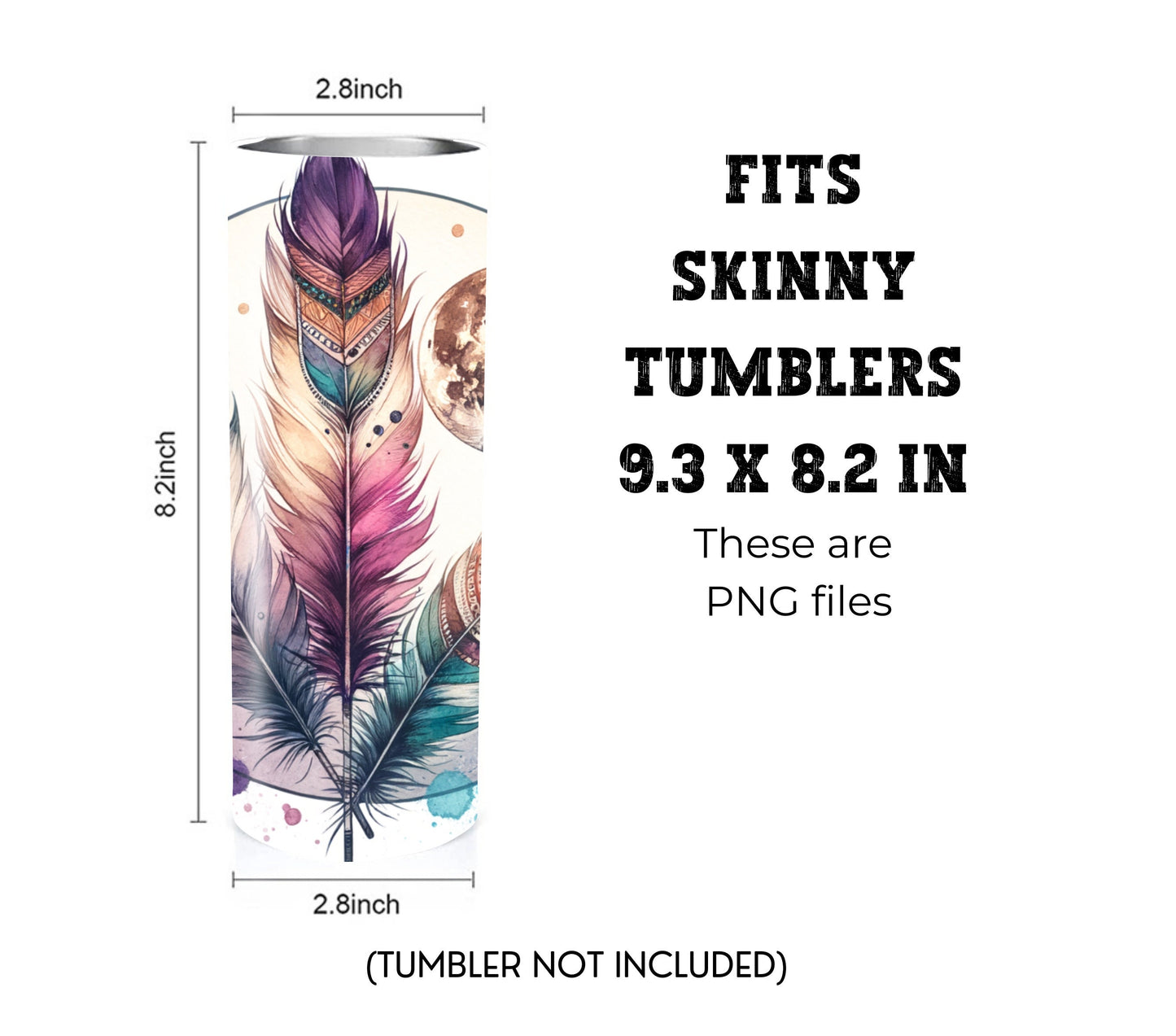 Boho Feathers & Moon 20 oz Skinny Tumbler Sublimation Design - PNG Instant - DIGITAL DOWNLOAD