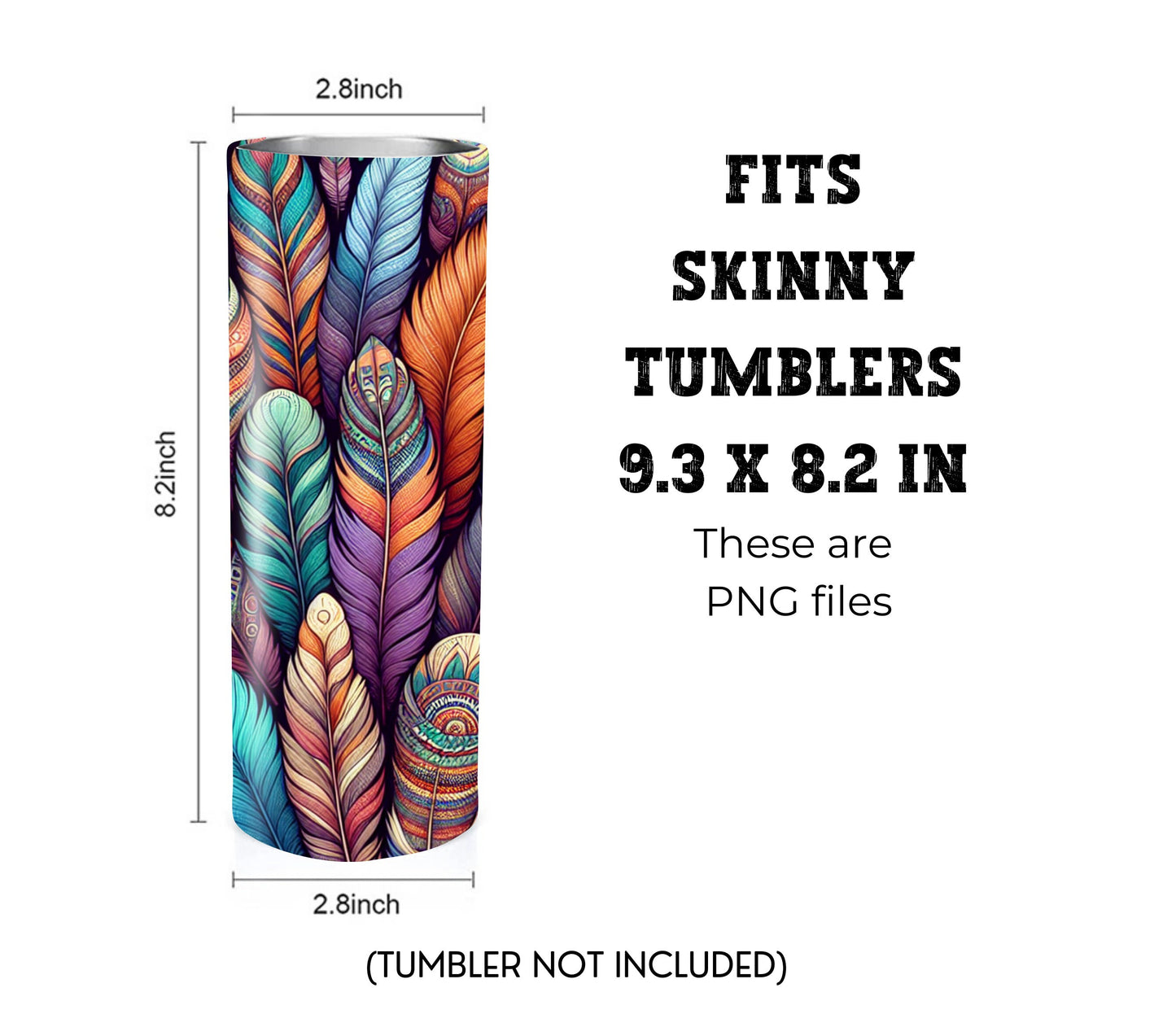 Boho Feathers 20 oz Skinny Tumbler Sublimation Design - PNG Instant - DIGITAL DOWNLOAD