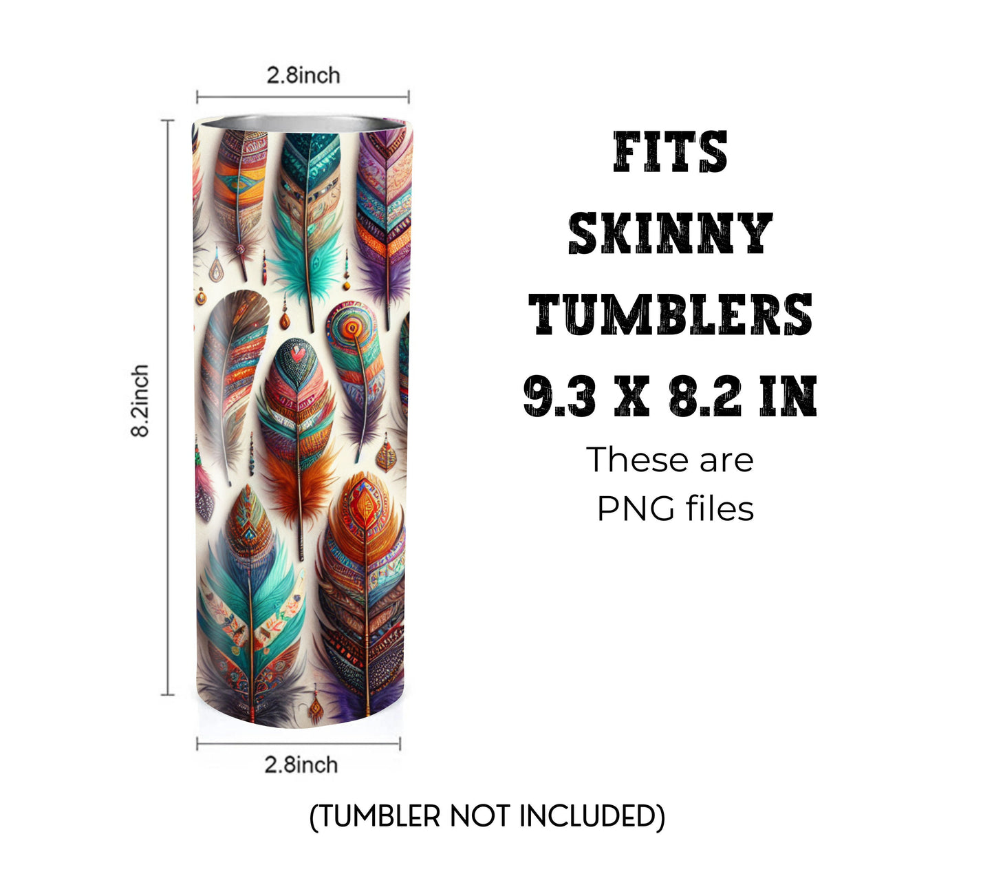 Boho Feathers 20 oz Skinny Tumbler Sublimation Design - PNG Instant - DIGITAL DOWNLOAD