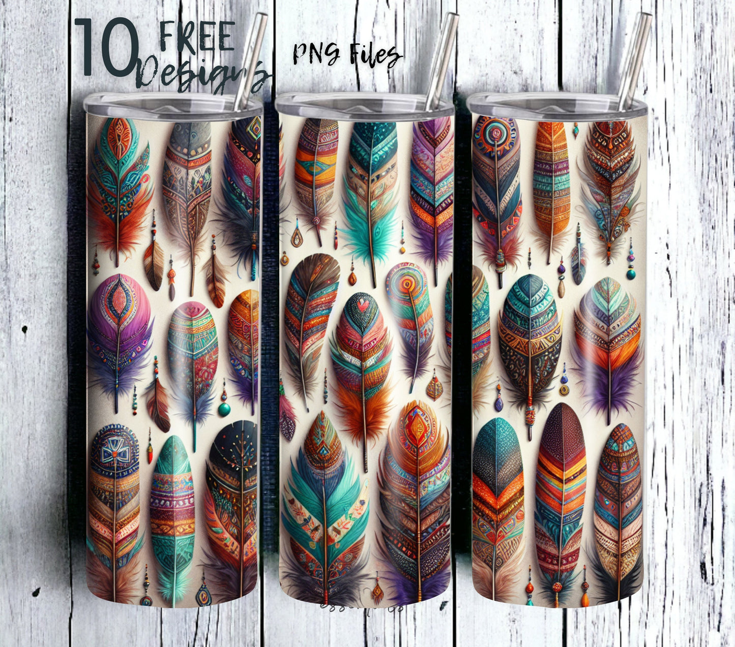 boho feathers sublimation tumbler design, commercial use, skinny tumbler