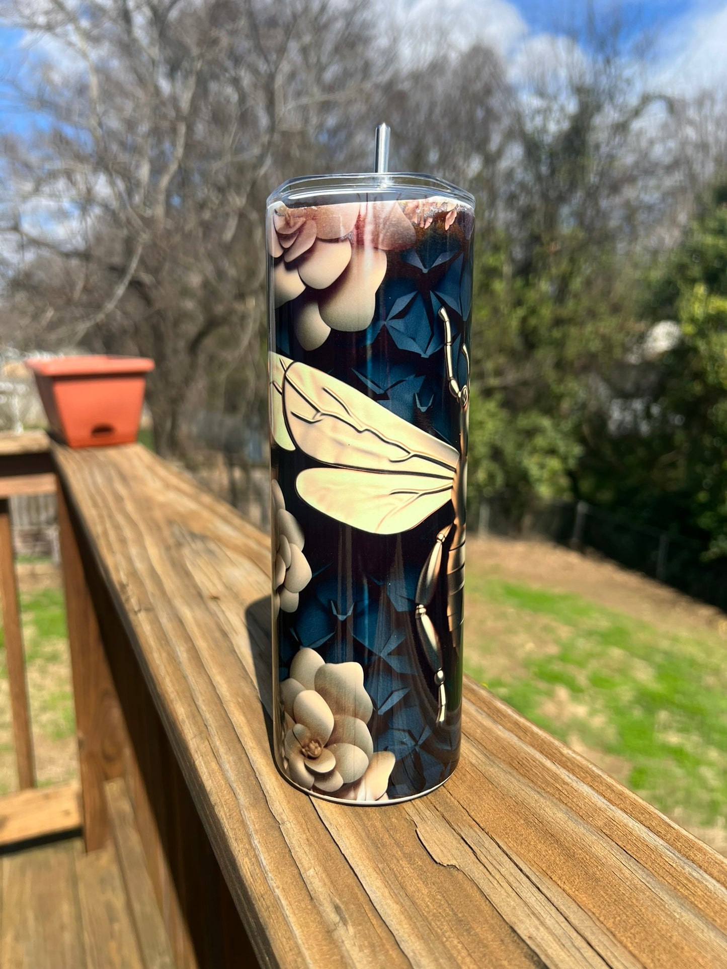 3D Bee with Honeycomb - Black/Gold 20 oz Skinny Tumbler with Straw - Stainless Steel, Eco-Friendly, Reusable Metal Straw - Lid Drink Drinkware Water Bottles