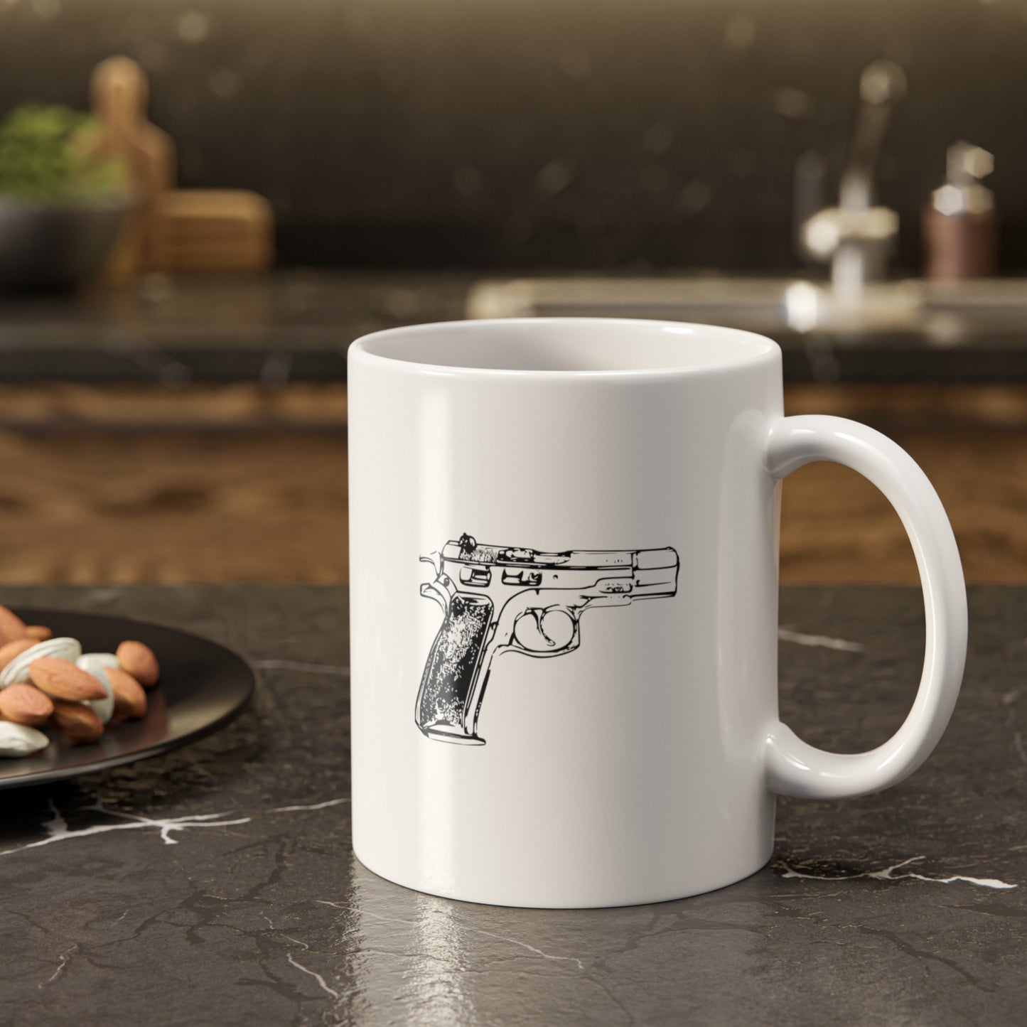 Fatherhood-Powered by Love Fueled by Coffee - Gun White Ceramic Mug, 11oz