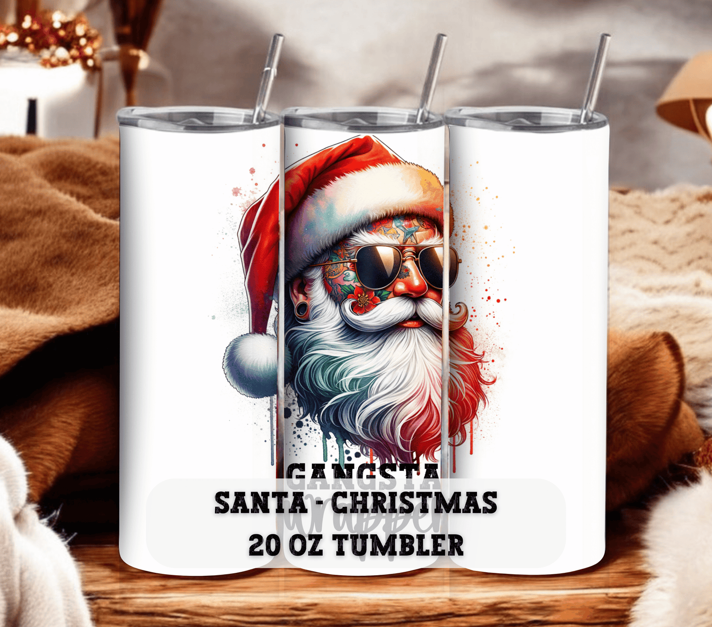 Gangsta Wrapper - Christmas 20 oz Skinny Tumbler with Straw - Stainless Steel, Eco-Friendly, Reusable Metal Straw - Lid Drink Drinkware Water Bottles