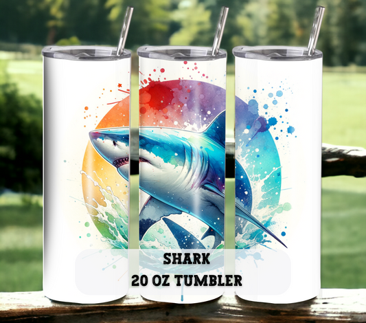 Shark 20 oz Skinny Tumbler with Straw - Stainless Steel, Eco-Friendly, Reusable Metal Straw - Lid Drink Drinkware Water Bottles