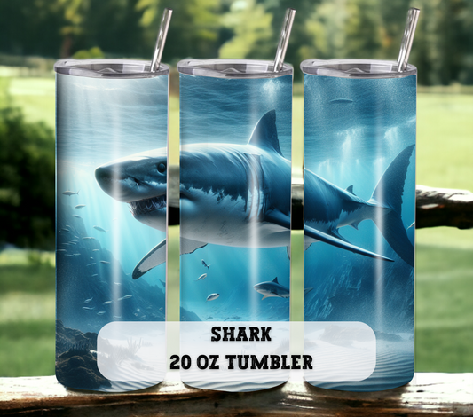Shark 20 oz Skinny Tumbler with Straw - Stainless Steel, Eco-Friendly, Reusable Metal Straw - Lid Drink Drinkware Water Bottles
